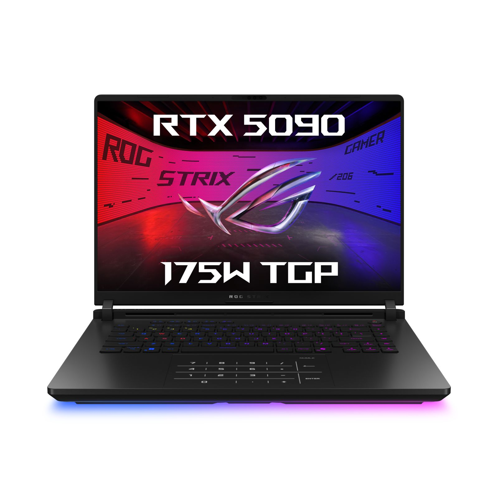 Czarny laptop z podświetlonym ekranem, pokazujący RTX 5090, ROG Strix i 175W TGP. Ma podświetlaną klawiaturę i kolorową podstawę.