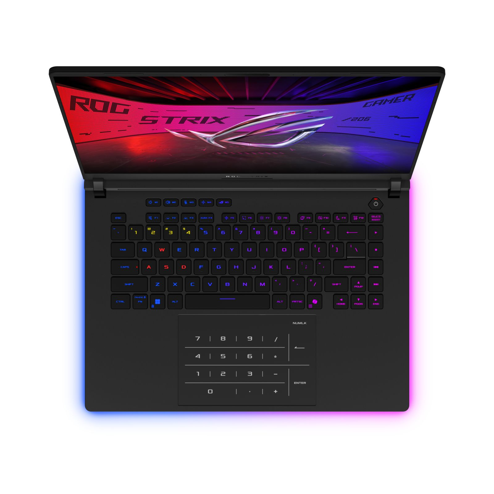 Czarny laptop ROG Strix z podświetlaną klawiaturą i ekranem wyświetlającym logo. Krawędzie mają kolorowe światła.