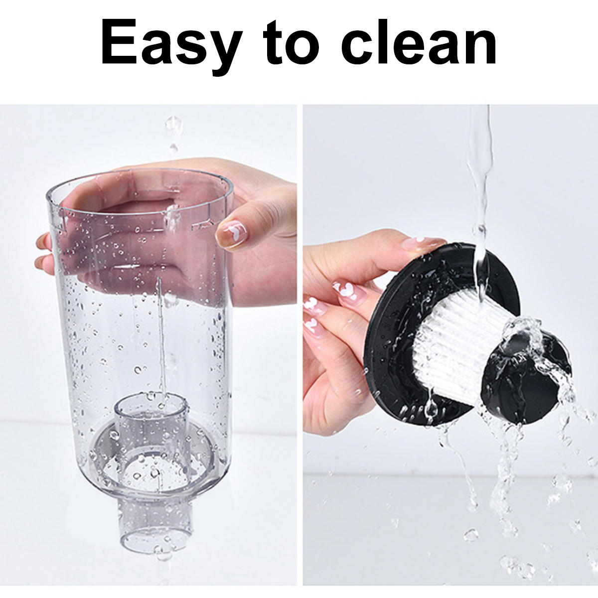 Hände reinigen Vakuumteile mit Wasser. Klarer Behälter und Filter werden gewaschen. Text 'Easy to clean' oben.