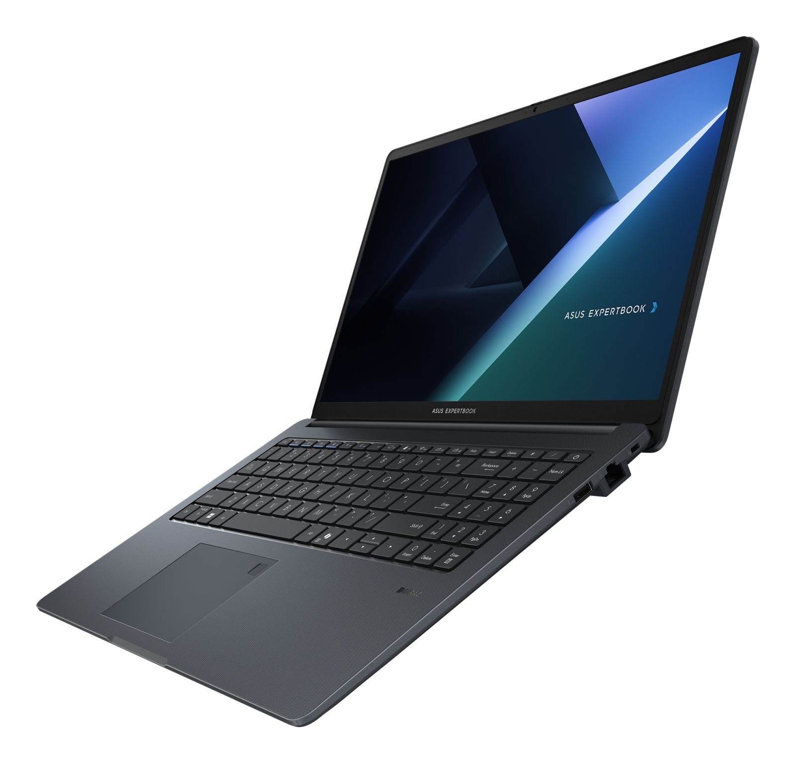 Otwarty laptop ASUS Expertbook. Ekran wyświetla grafikę z niebieskimi i zielonymi odcieniami. Widoczna klawiatura i touchpad.
