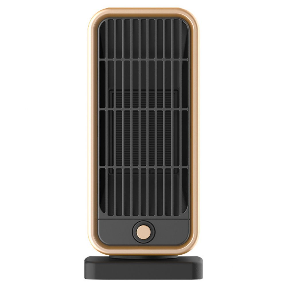 Ein kleiner elektrischer Heizlüfter in Gold und Schwarz. Die Vorderseite hat ein Gitterdesign, mit schwarzem Sockel und einem Bedienknopf.