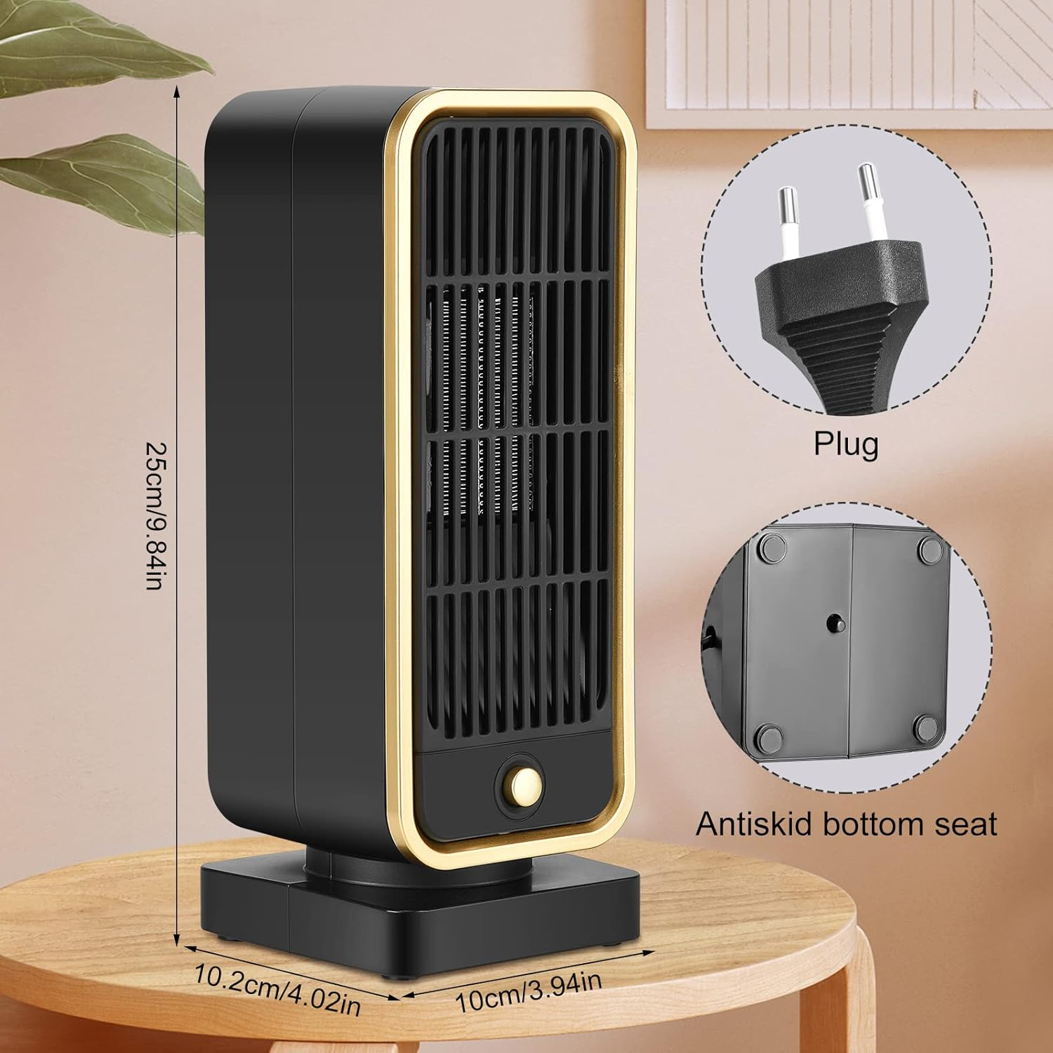 Ein schwarz-goldener Elektroheizer mit Maßangaben. Enthält Details zu Stecker und rutschfester Bodenplatte. Auf einem Holztisch platziert.