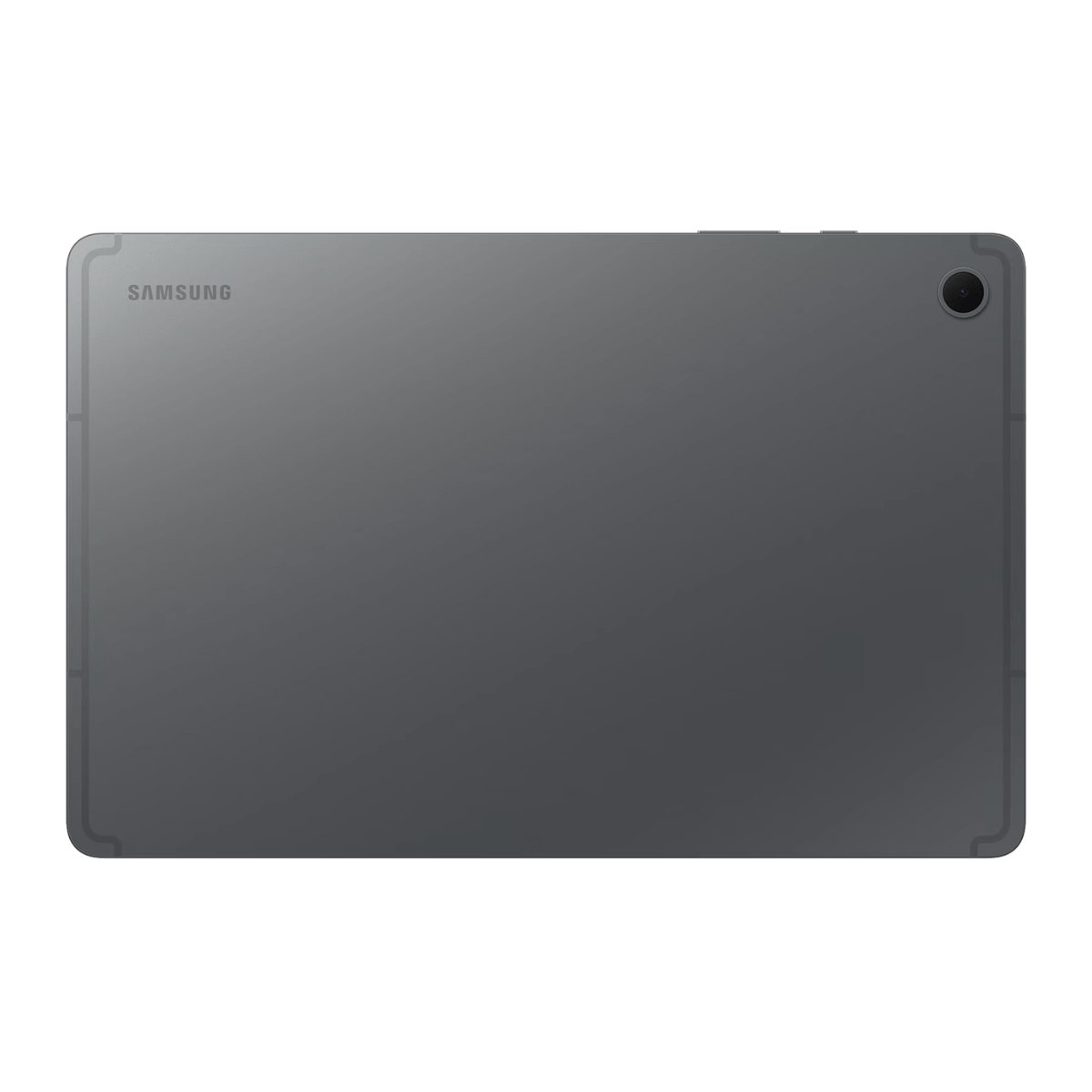 Vista posteriore di un tablet Samsung grigio. Ha una fotocamera e il logo Samsung.