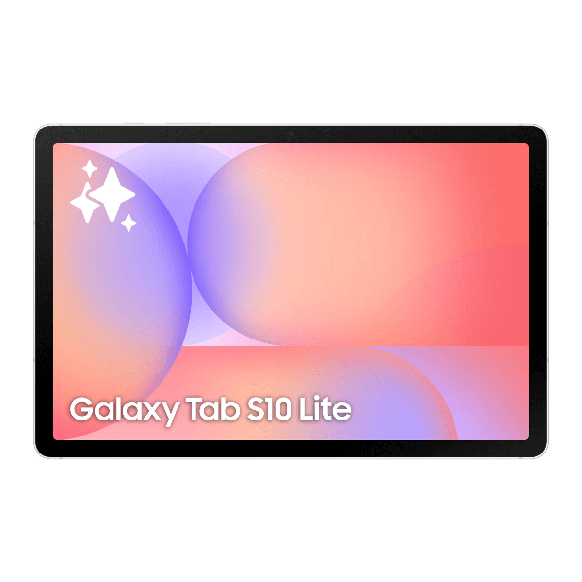 Tablet Samsung Galaxy Tab S10 Lite z kolorowym gradientem na wyświetlaczu. Białe gwiazdy w lewym górnym rogu.