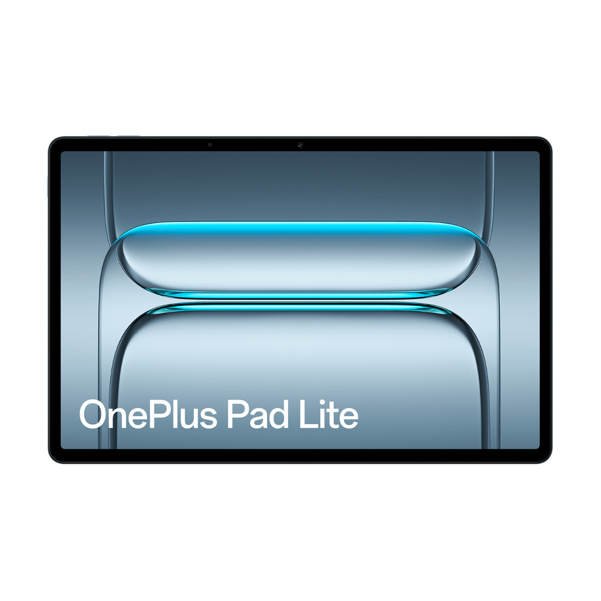 Tableta OnePlus Pad Lite sobre fondo blanco. La pantalla muestra un diseño azul y blanco. La tableta tiene un borde negro.