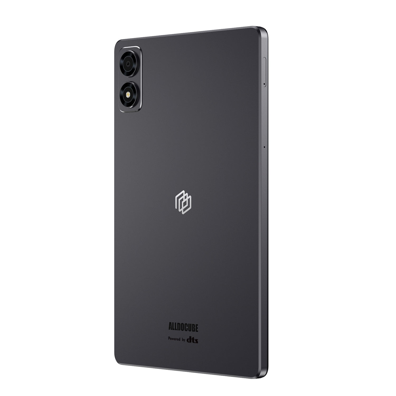 Tablet grigio scuro, vista posteriore, con doppia fotocamera, logo e marchio 'ALLDOCUBE'. Anche Powered by dts è visibile.