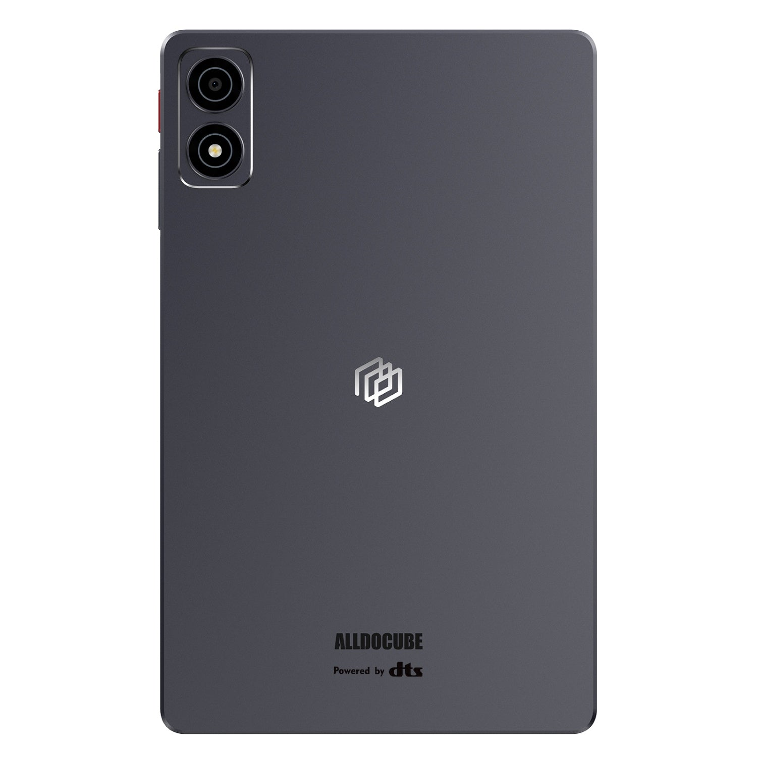 Tablet grigio scuro, due fotocamere in alto a sinistra. Logo ALLDOCUBE in basso. Powered by dts.