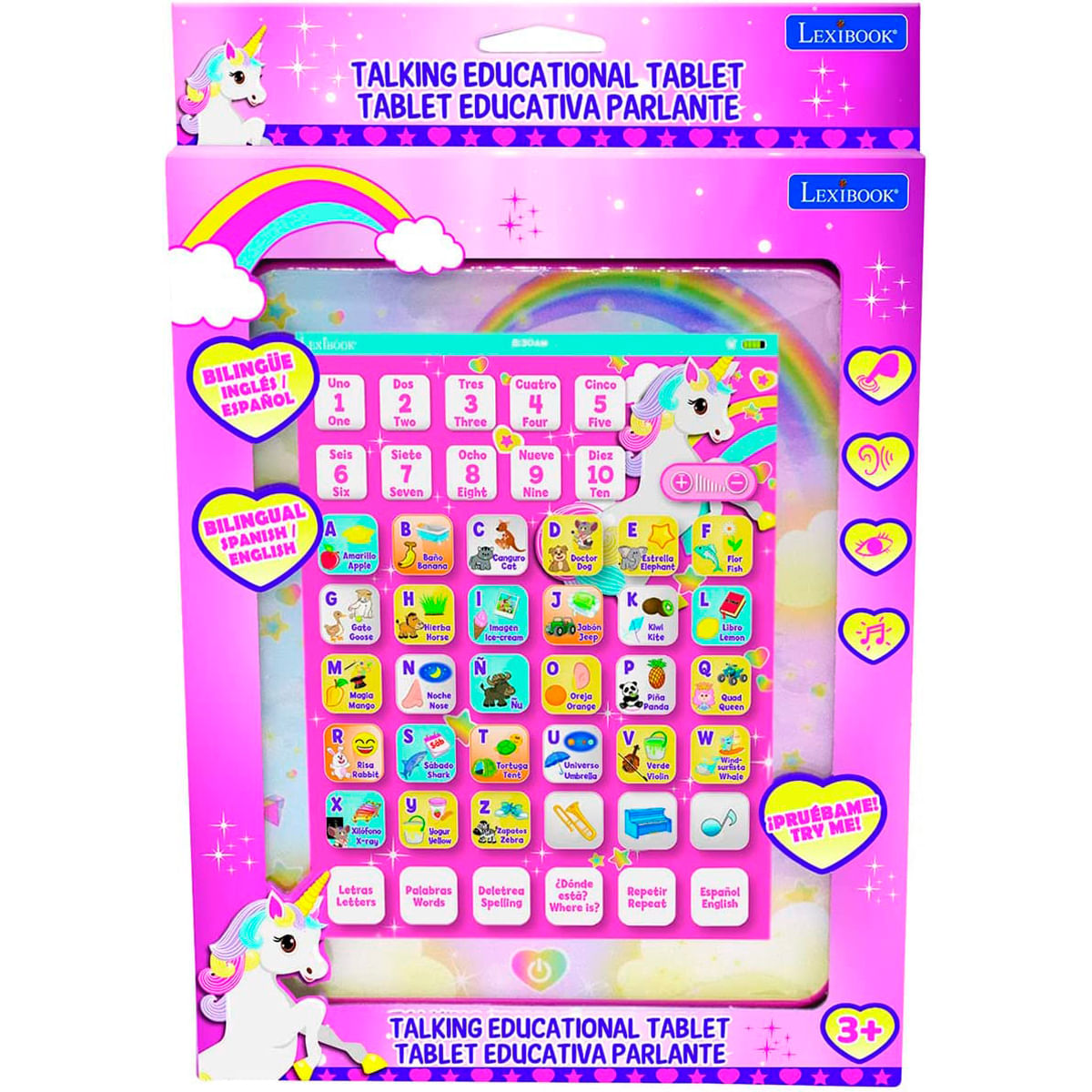 Caja rosa de tableta educativa con arcoíris, unicornio y botones. Texto en inglés y español.