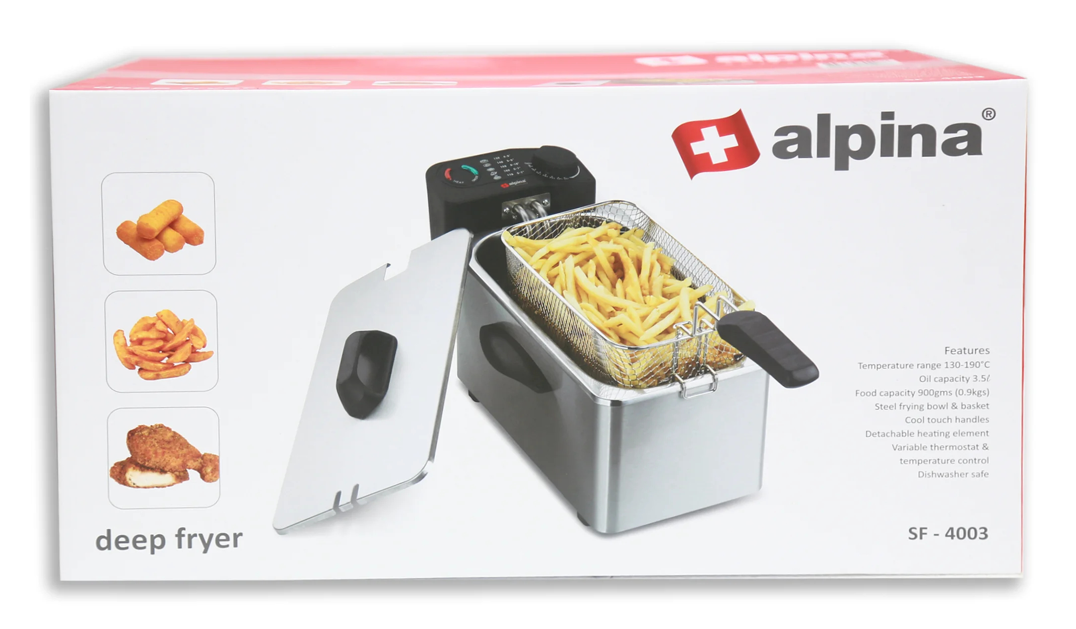A new Alpina deep fryer box with pictures of fried food and a fryer. Features include temperature range, oil capacity, and dishwasher safe.