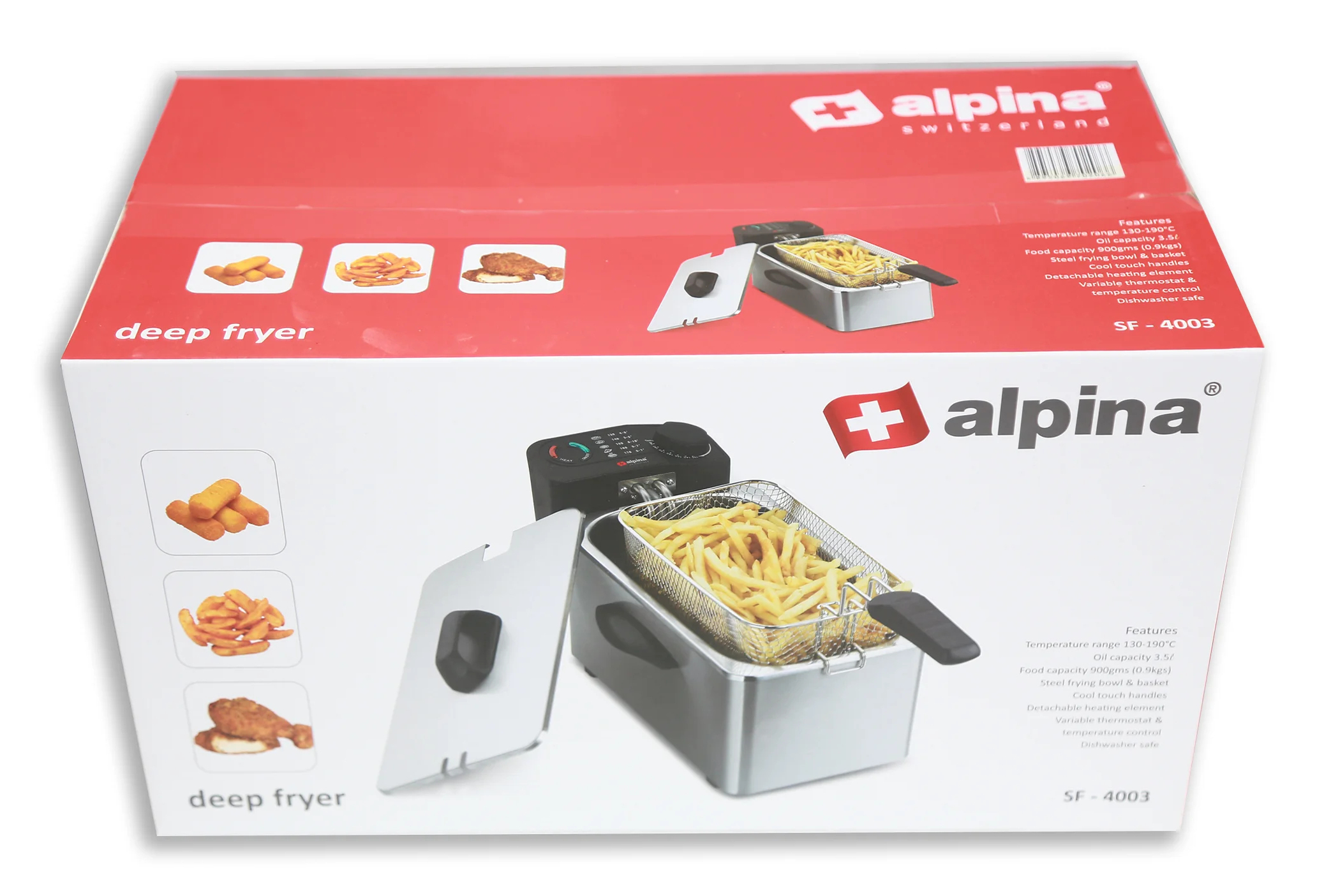 A deep fryer box with images of fried foods. The box is white and red, with the Alpina brand logo and product details.
