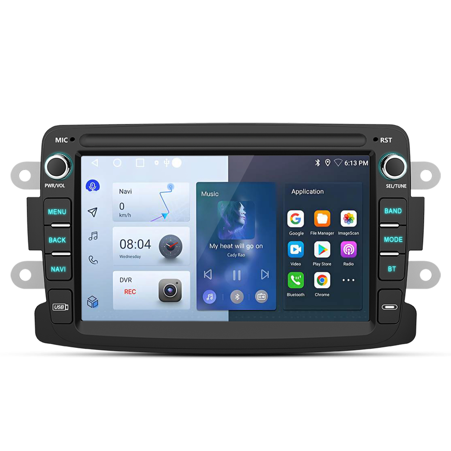 Auto-Multimedia-System mit Touchscreen, das Navigation, Musiksteuerung und App-Symbole anzeigt. Tasten für Menü, Zurück und Lautstärke sind sichtbar.