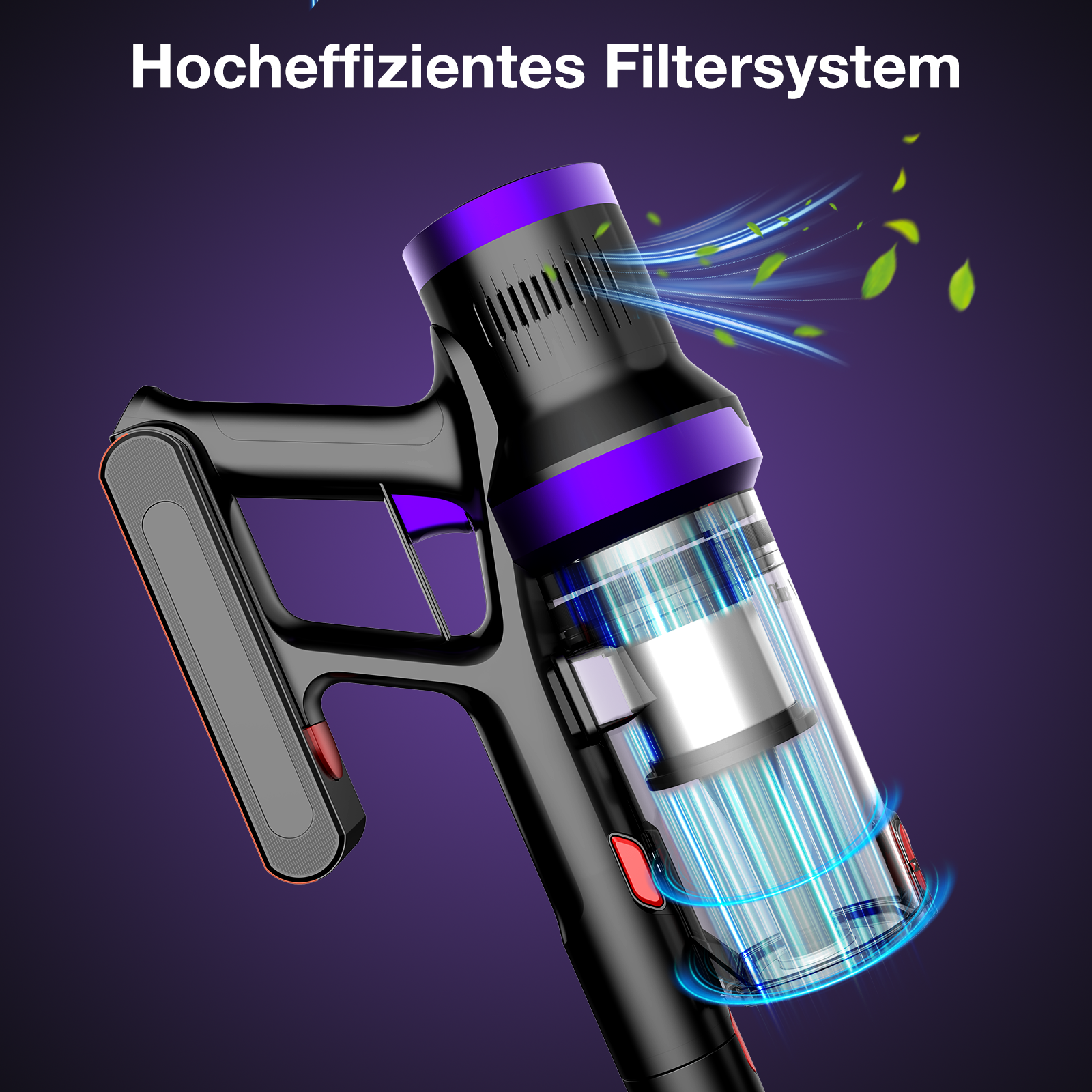 Schwarzer und violetter kabelloser Staubsauger. Blaue Luftlinien und grüne Blätter veranschaulichen das Filtersystem. Dunkelvioletter Hintergrund.