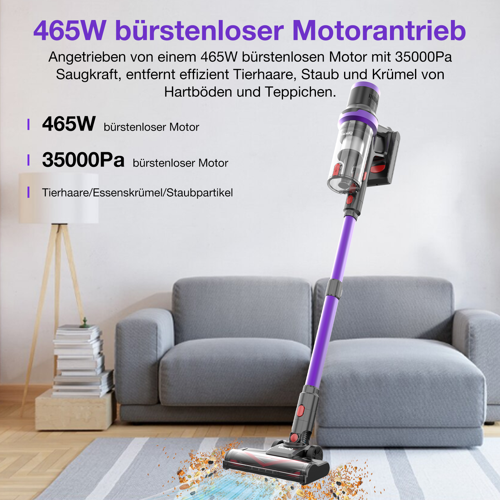 Ein lila-schwarzer Staubsauger auf einem Teppich. Text beschreibt das Produkt und seine Eigenschaften.