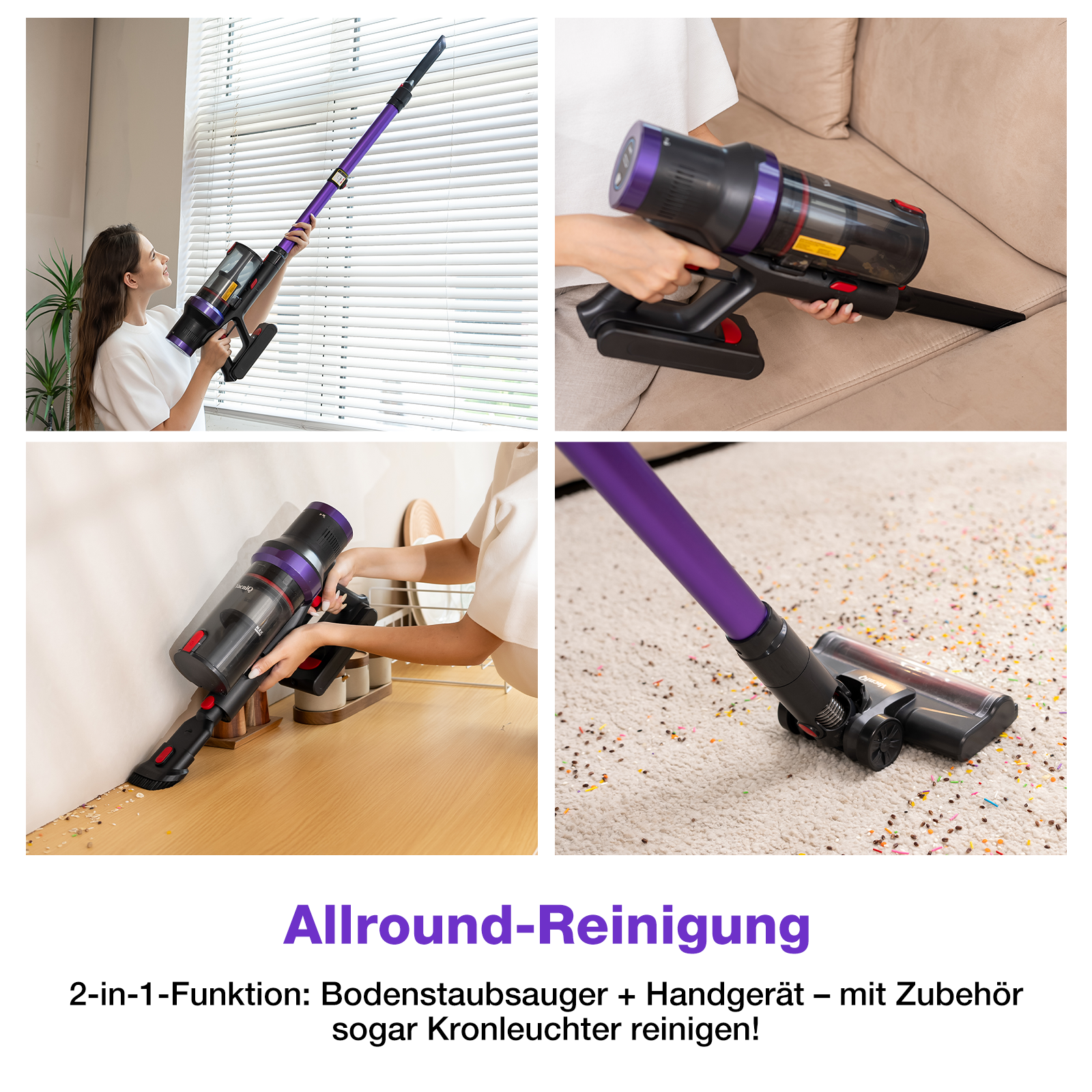 Das Bild zeigt eine Frau, die einen lila-schwarzen Staubsauger an einer Jalousie, einem Sofa und einem Boden verwendet. Verschiedene Aufnahmen werden gezeigt.