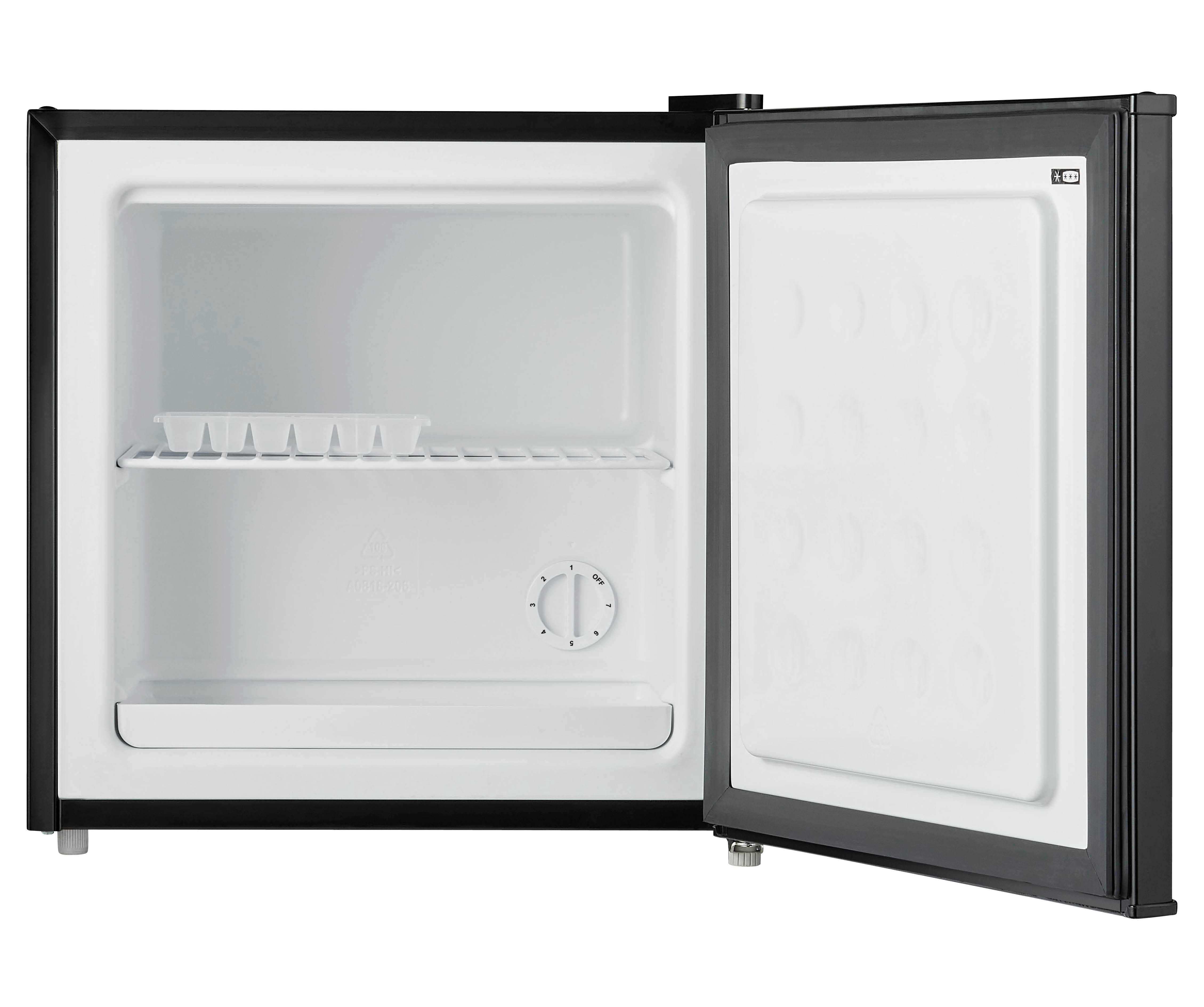 A mini-fridge with an open door. Inside, a shelf and a small ice tray are visible. The fridge is black and white.