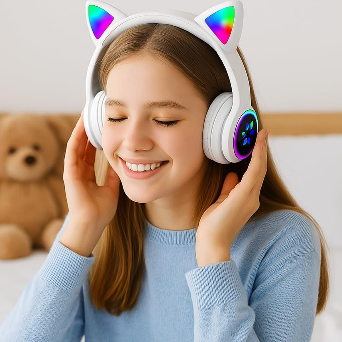 Ein lächelndes Mädchen trägt weiße Katzenohrkopfhörer mit Regenbogenlichtern. Ein Teddybär ist im Hintergrund unscharf. Sie hält die Kopfhörer.