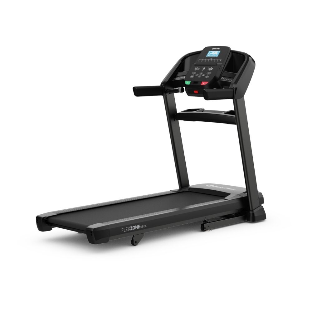 A black treadmill. The machine has a display, handles, and a running belt. The brand name Flexzone Deck is visible.