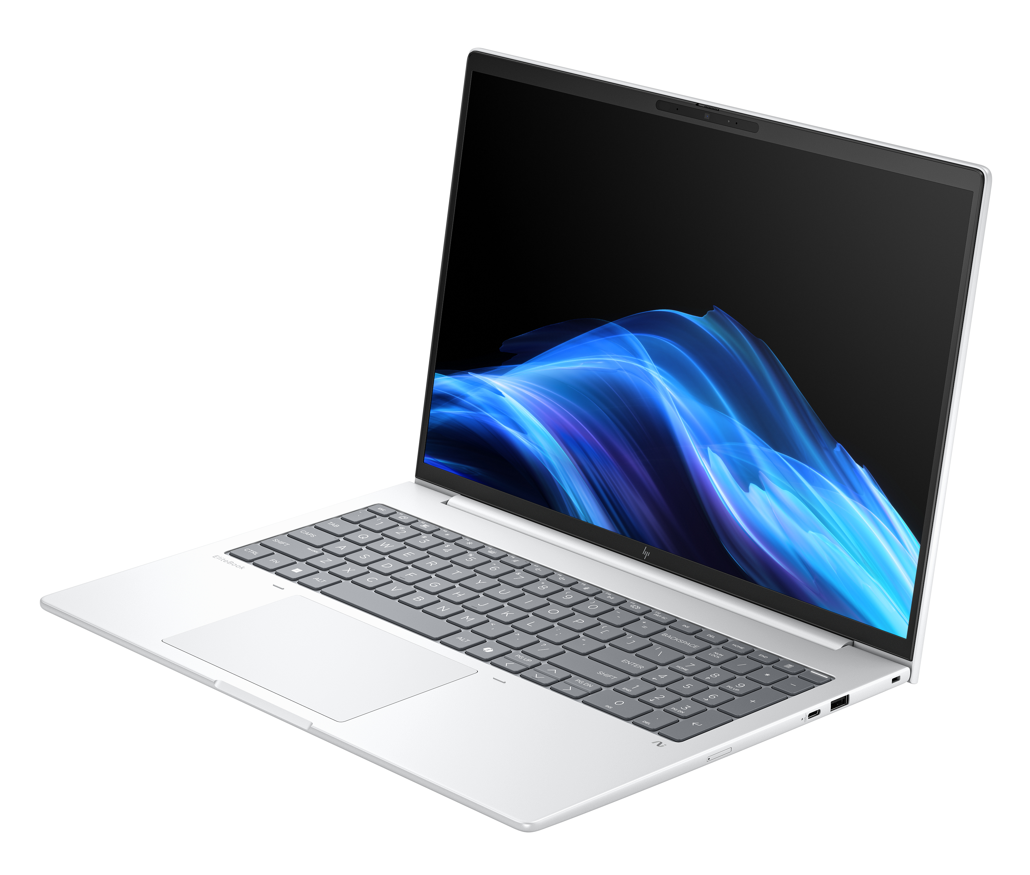 Laptop argentato con schermo nero che mostra forme astratte blu e bianche. Tastiera visibile. Sfondo bianco.