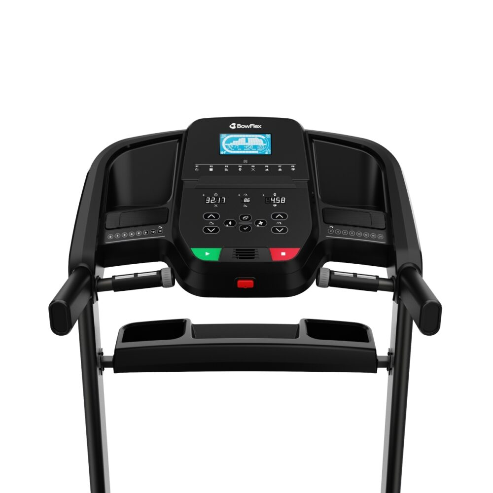 Black treadmill with a digital display. It shows speed, time, and other workout data. Has start/stop buttons and handrails.