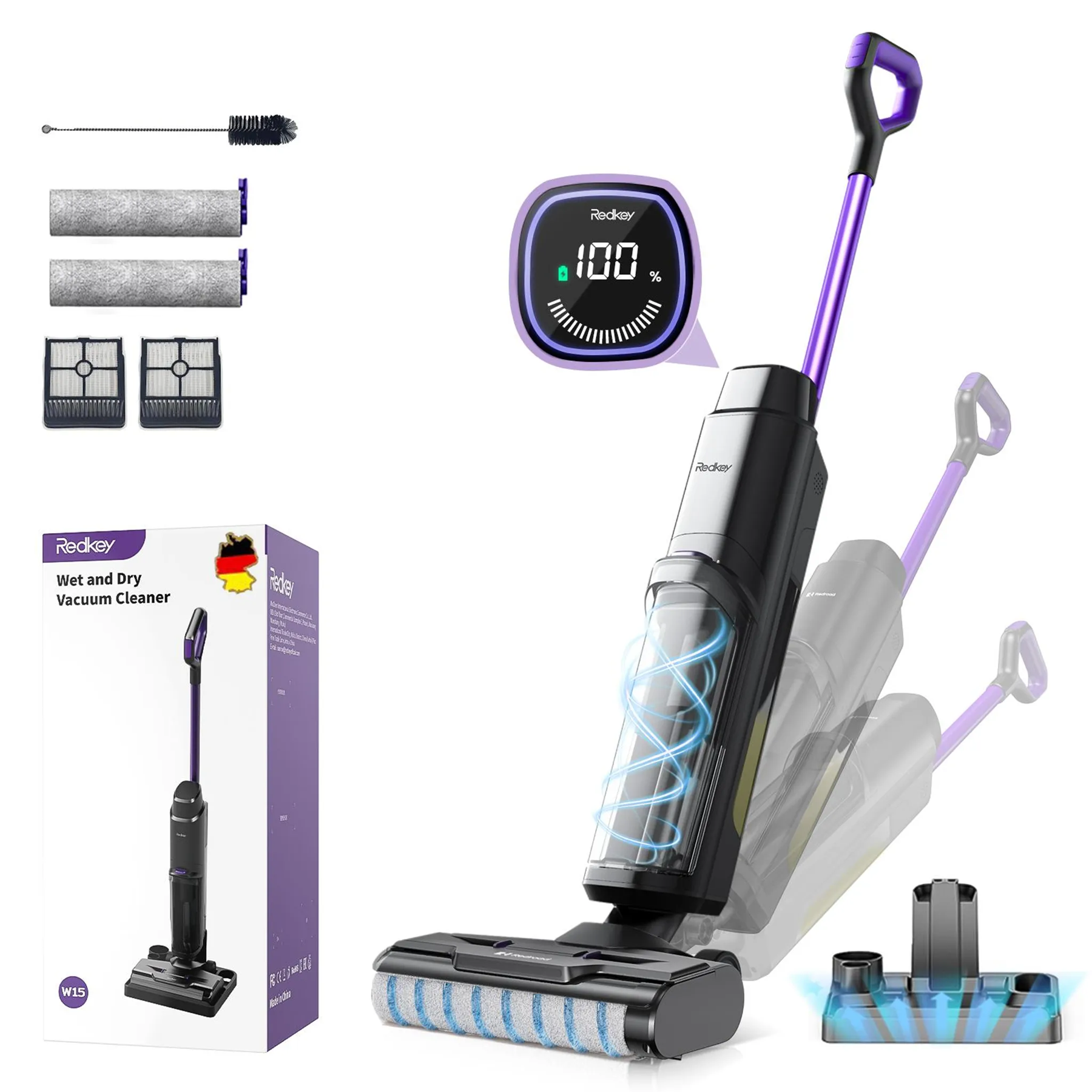 Un aspirapolvere Redkey per umido/secco. È nero e viola e mostra il livello della batteria. Sono mostrati anche accessori come i filtri.