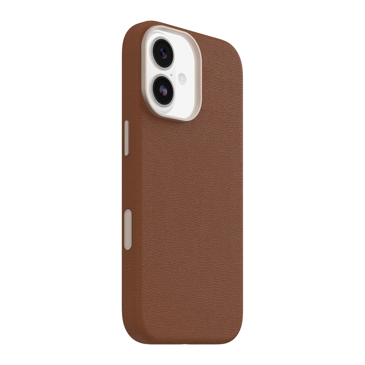 Custodia per telefono in pelle marrone. La custodia è su sfondo bianco. Ha un ritaglio per la fotocamera con due lenti.