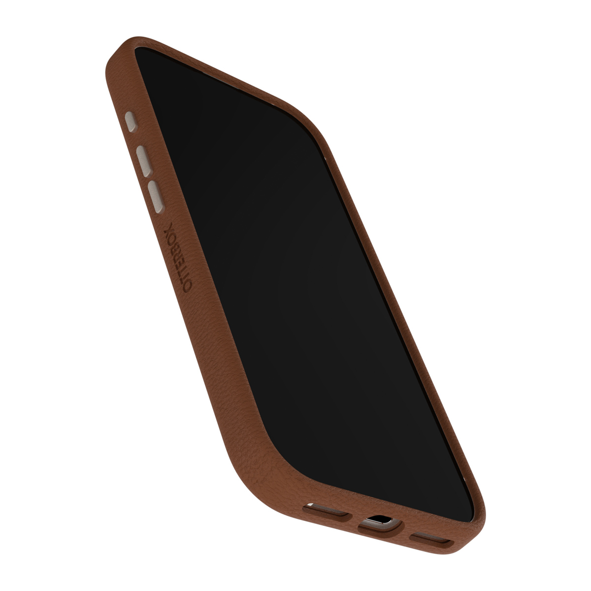 Una custodia per telefono in pelle marrone con schermo nero, che mostra il marchio Otterbox. La custodia è angolata su sfondo bianco.