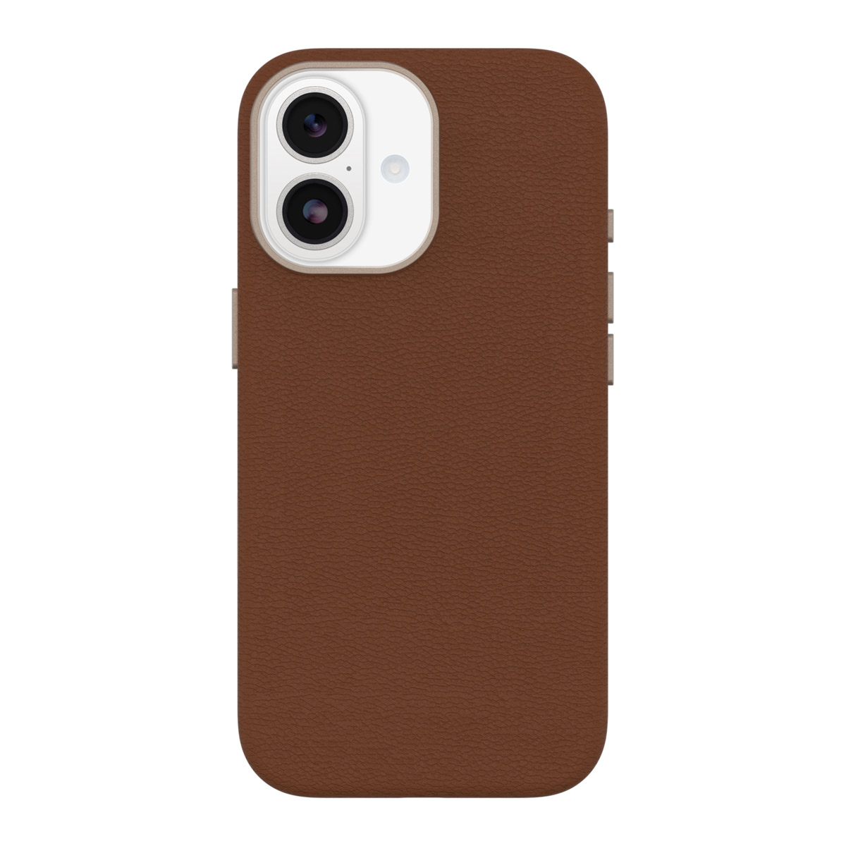 Una custodia per telefono in pelle marrone con un modulo fotocamera bianco. La custodia ha una superficie strutturata e angoli arrotondati. Tasti del volume visibili.