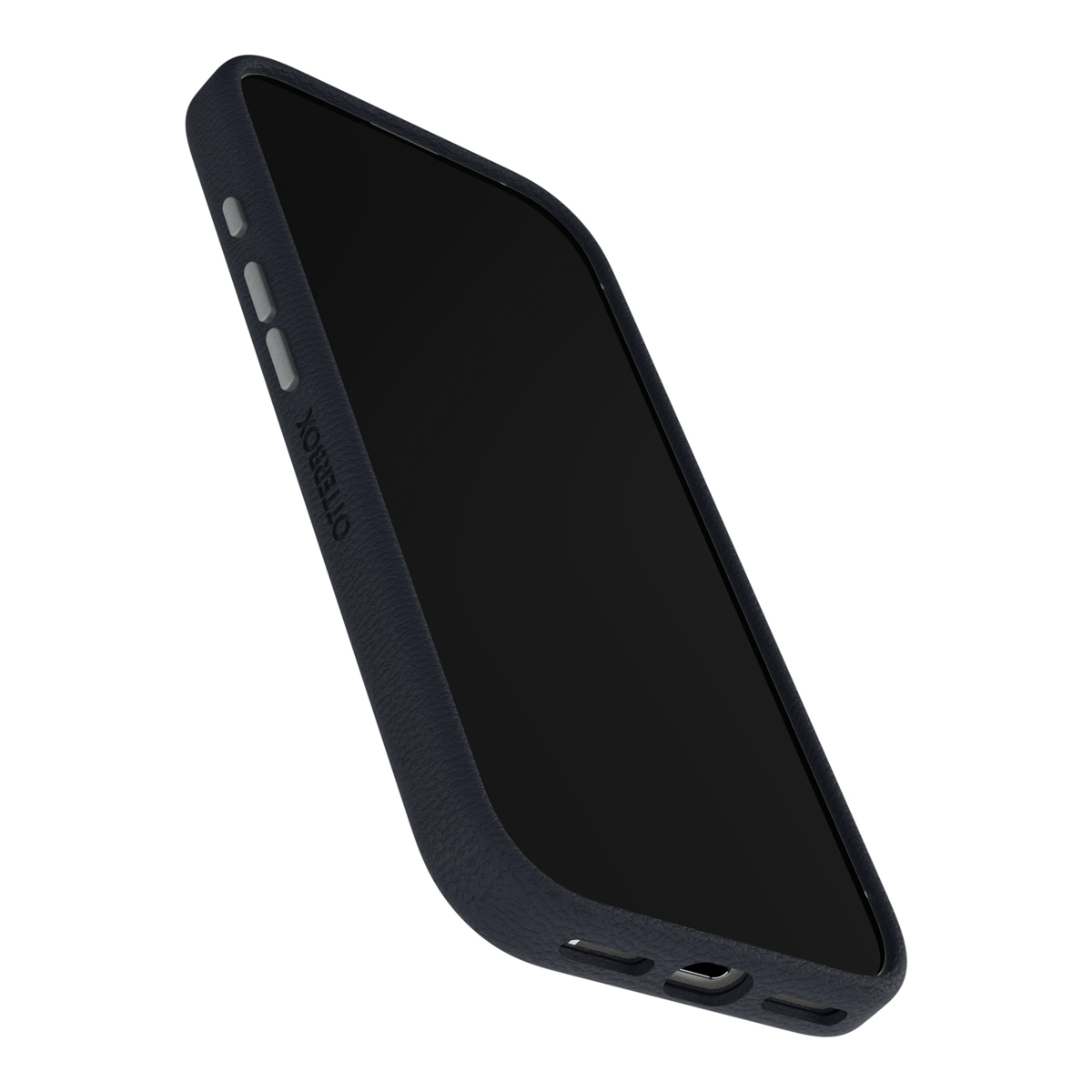 Eine dunkelblaue Handyhülle mit einem Handy darin. Die Hülle hat das Otterbox-Logo. Der Bildschirm des Telefons ist schwarz. Der Hintergrund ist weiß.