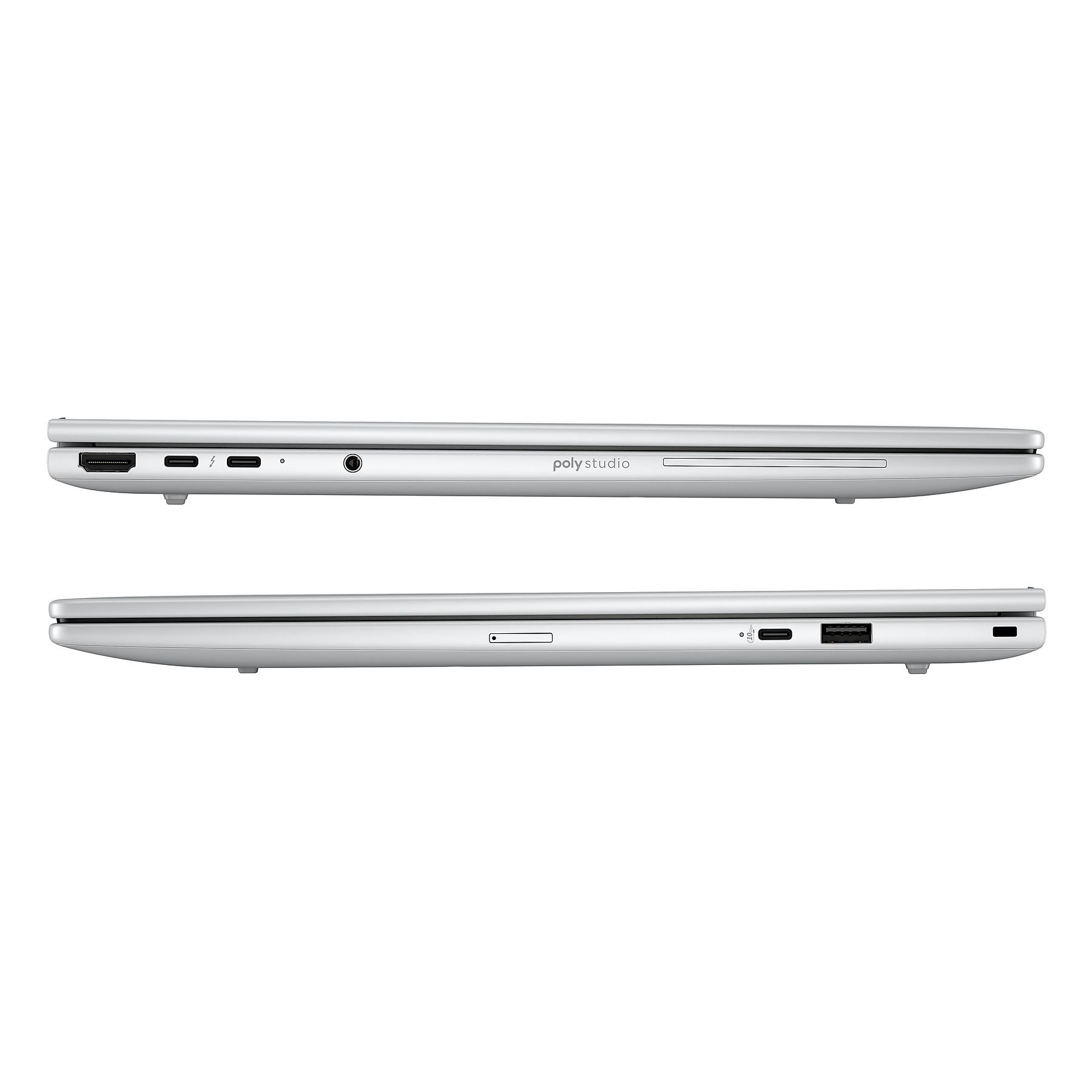 Vista laterale di un laptop argentato, con porte come HDMI, USB e jack audio. Il marchio 'poly studio' è visibile.