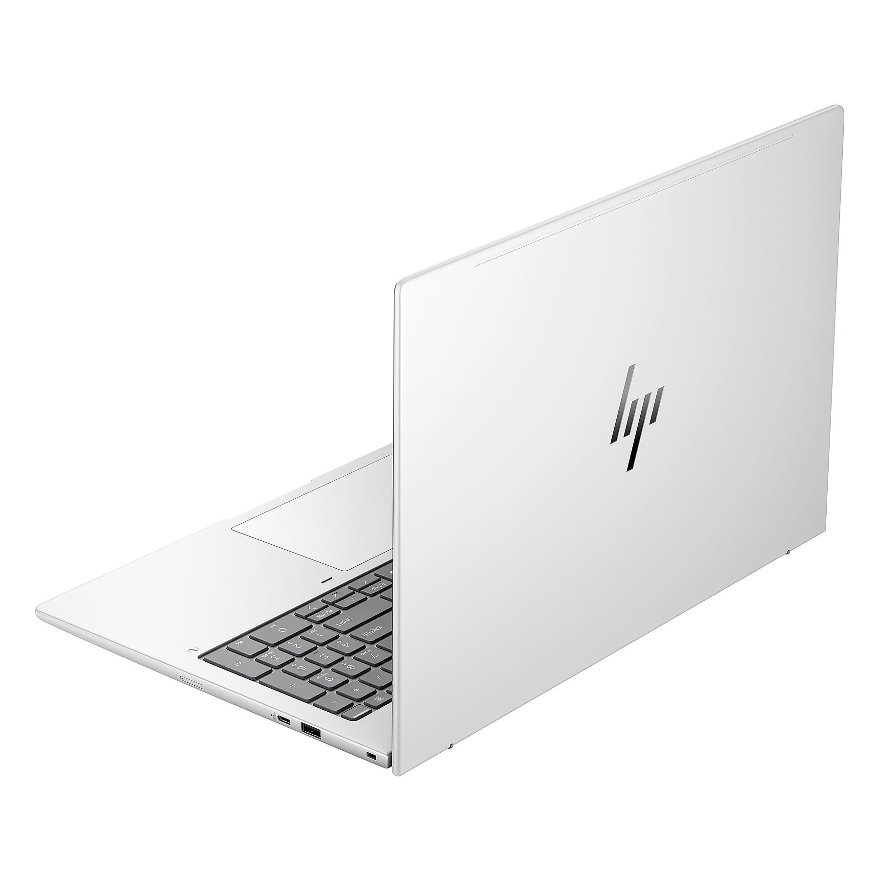 Un computer portatile argentato è mostrato ad angolo. Il logo HP è visibile sul coperchio. La tastiera è nella parte anteriore.