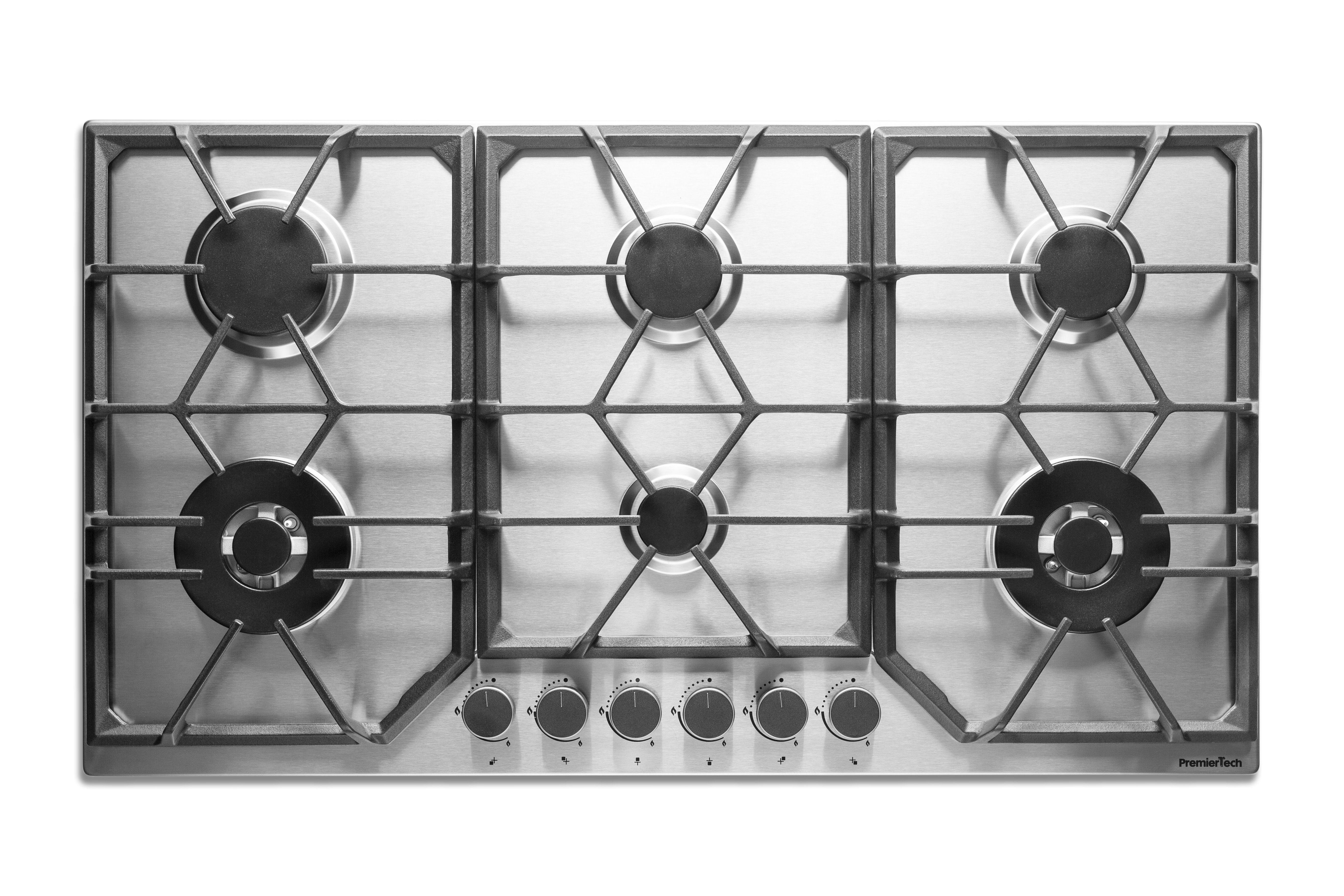 Piano cottura a gas in acciaio inox con cinque fuochi, griglie nere e manopole. Logo PremierTech visibile.