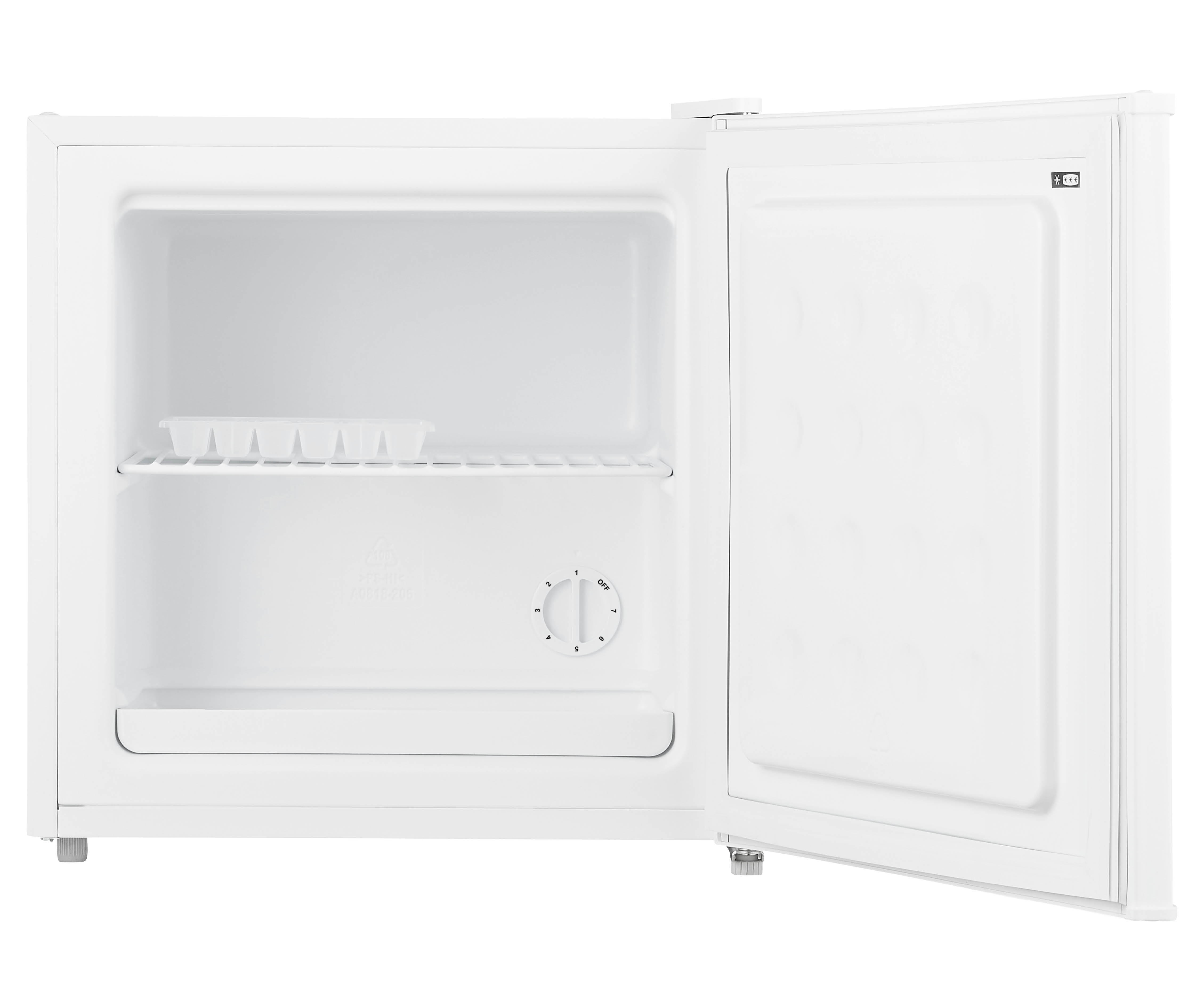 A small, white refrigerator with its door open. Inside, shelves and a temperature dial are visible.