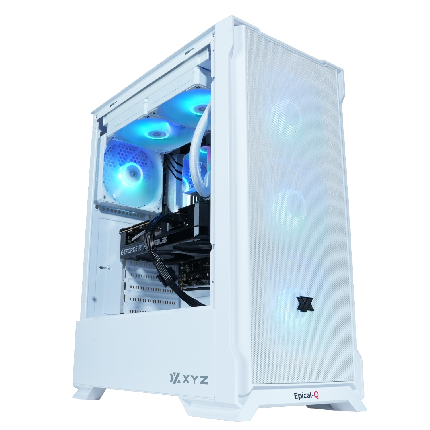 Una caja de ordenador blanca con ventiladores LED azules. En el interior, se ve una tarjeta gráfica y otros componentes. La caja tiene el logotipo de XYZ.