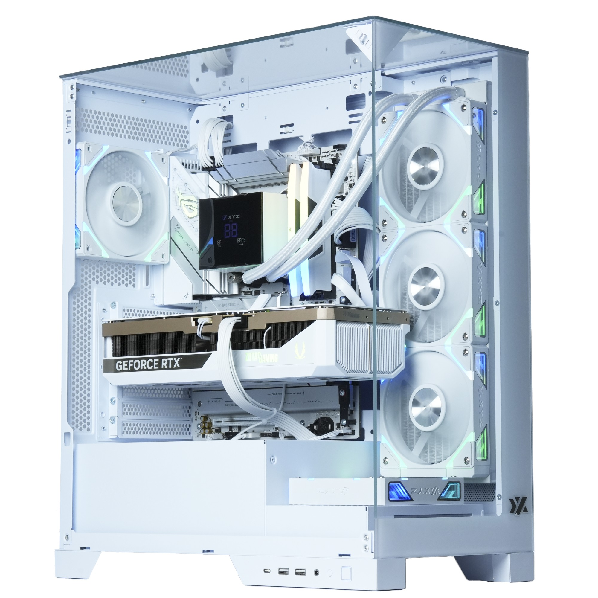 Una carcasa de PC blanca con componentes internos como una GPU y ventiladores, iluminada con luces azules y verdes.