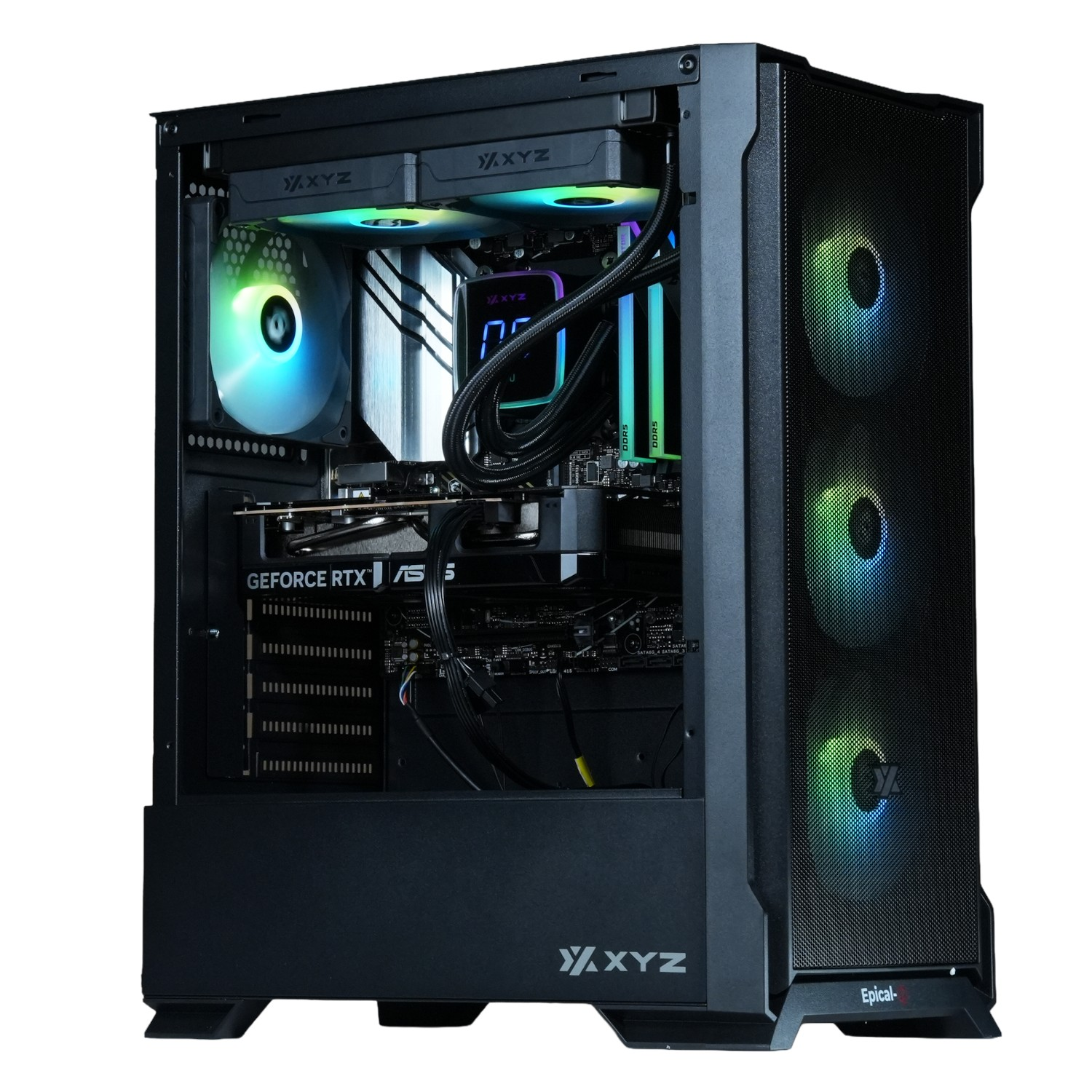 Caja de ordenador negra con componentes internos. Incluye ventiladores con iluminación RGB, tarjeta gráfica y sistema de refrigeración líquida.