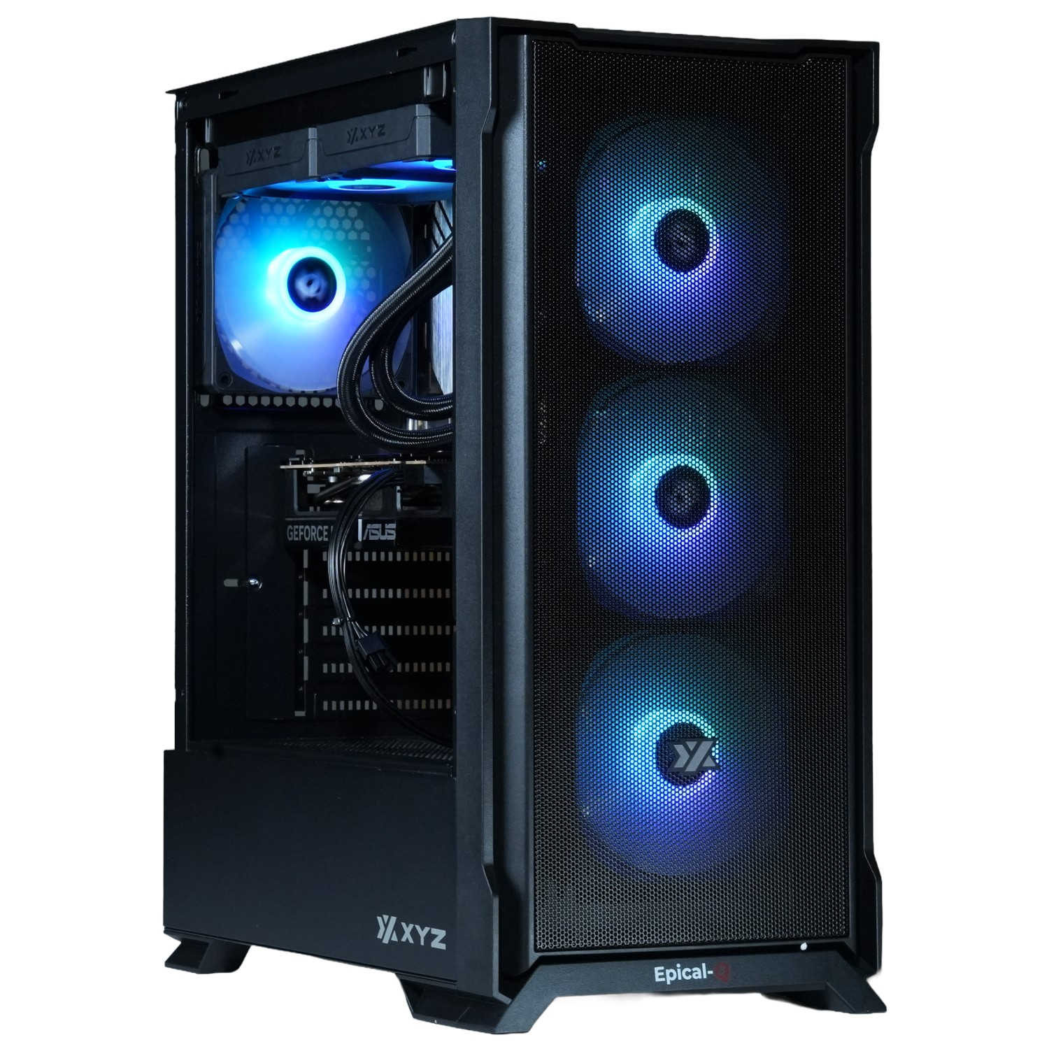 Una carcasa de computadora negra con tres ventiladores azules brillantes al frente. Dentro, un ventilador y componentes visibles.