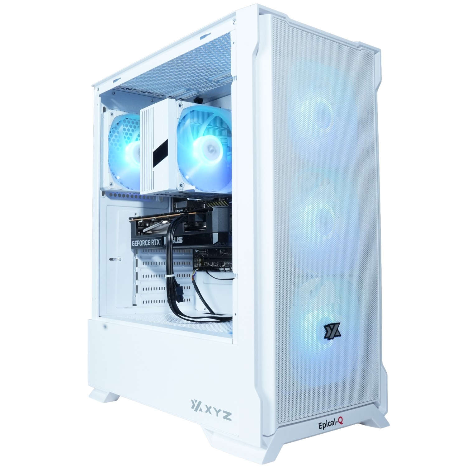 Una carcasa de ordenador blanca con ventiladores iluminados en azul. La carcasa tiene una parte frontal de malla y un panel lateral.
