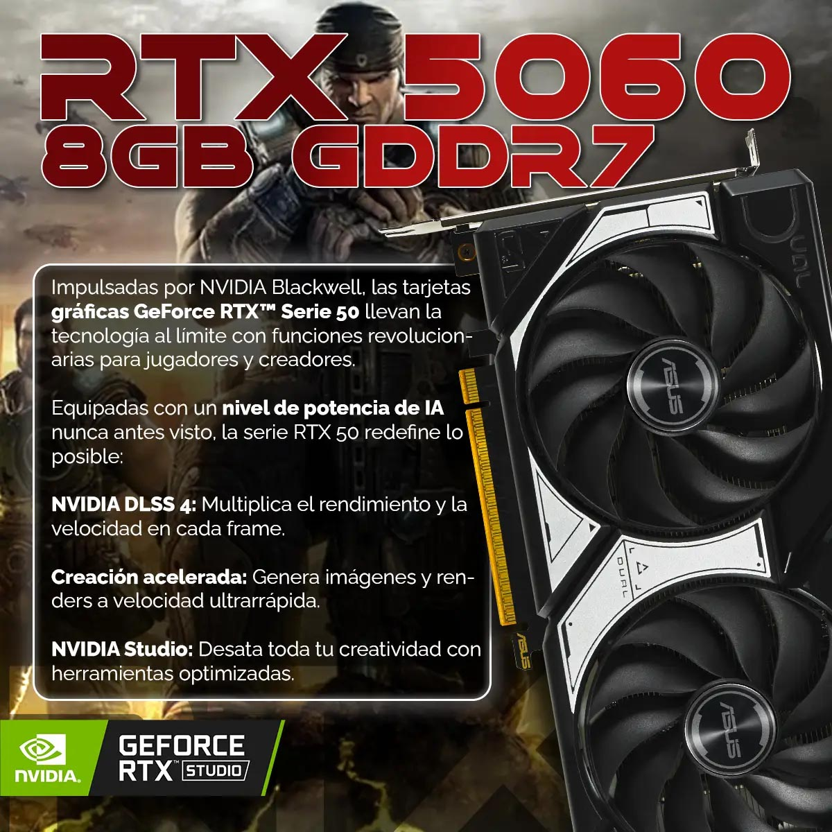 Annuncio pubblicitario per una scheda grafica RTX 5060. La scheda è nera e argento con due ventole. Il testo descrive le sue caratteristiche.