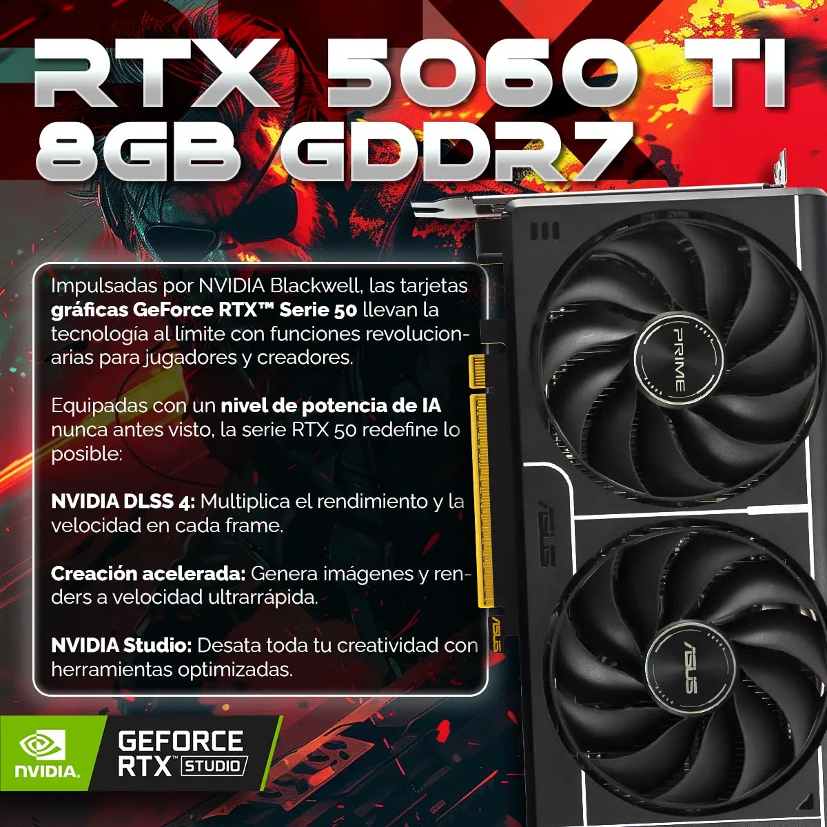 Una pubblicità per la scheda grafica RTX 5060 Ti. Mostra la scheda con due ventole, testo che descrive le funzionalità e il logo Nvidia.