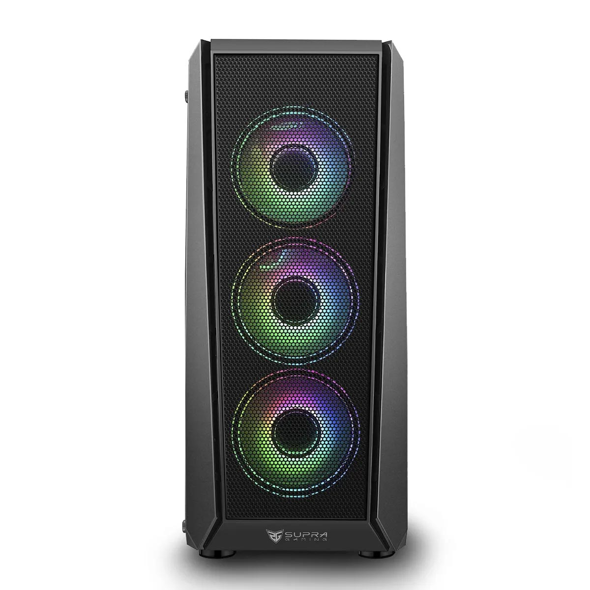 Case per computer nero con tre ventole illuminate. Le ventole visualizzano un arcobaleno di colori. Il logo Supra Gaming è in basso.