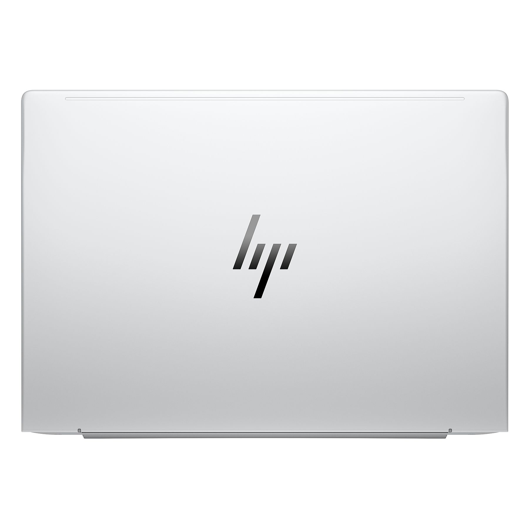Coperchio bianco di un laptop con il logo HP al centro. Il coperchio è grigio chiaro, il logo è nero.