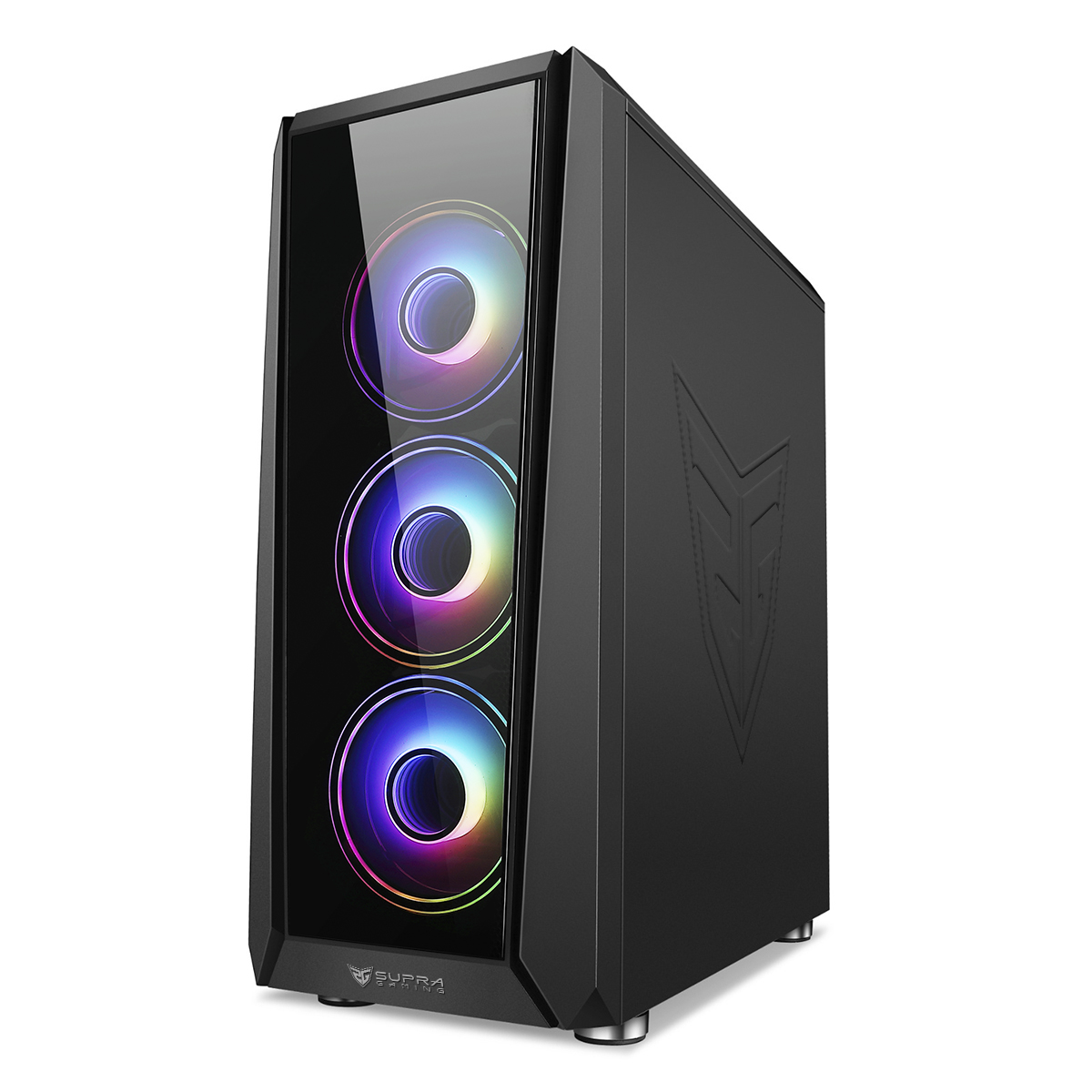Caja de ordenador negra con frontal de cristal. Tiene tres ventiladores LED circulares y el logo Supra. Un logo es visible en el lateral.