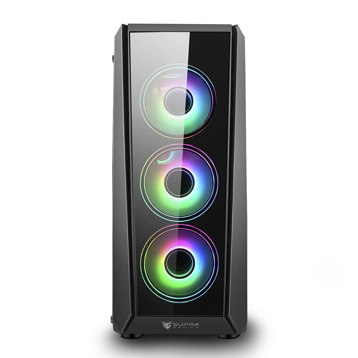 Una caja de ordenador negra con frontal de cristal. Se ven tres ventiladores RGB circulares. El logotipo de Supra Gaming está abajo.