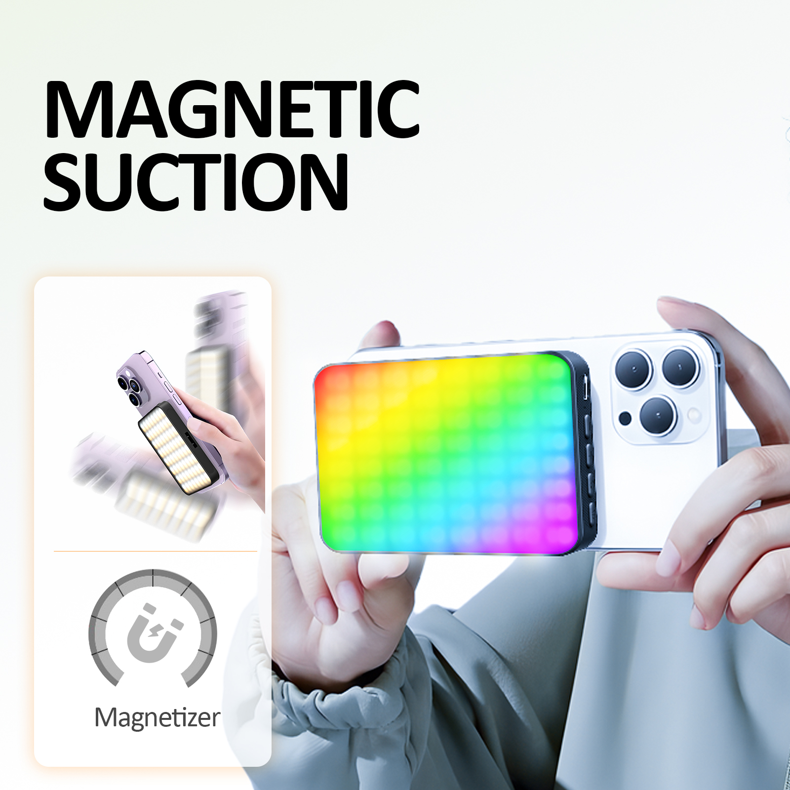 Eine Hand hält ein Telefon mit einem bunten Licht, der Text lautet 'MAGNETIC SUCTION', und ein 'Magnetizer'-Symbol ist vorhanden.