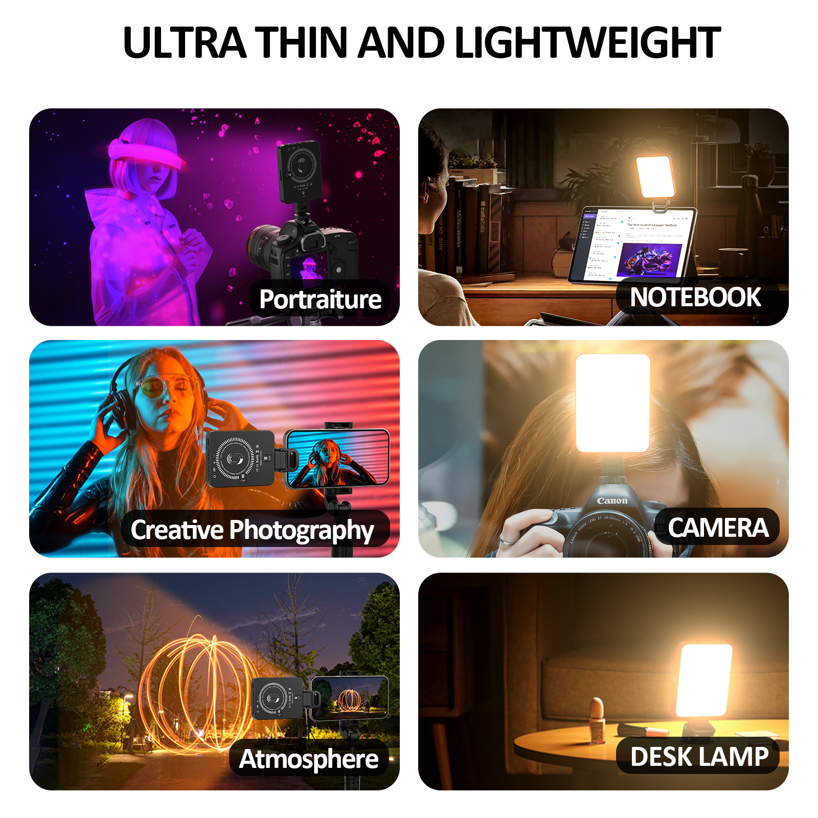 Das Bild zeigt sechs Szenen: Portrait, Notizbuch, Kreative Fotografie, Kamera, Atmosphäre und Schreibtischlampe, alle mit einem kleinen Licht.
