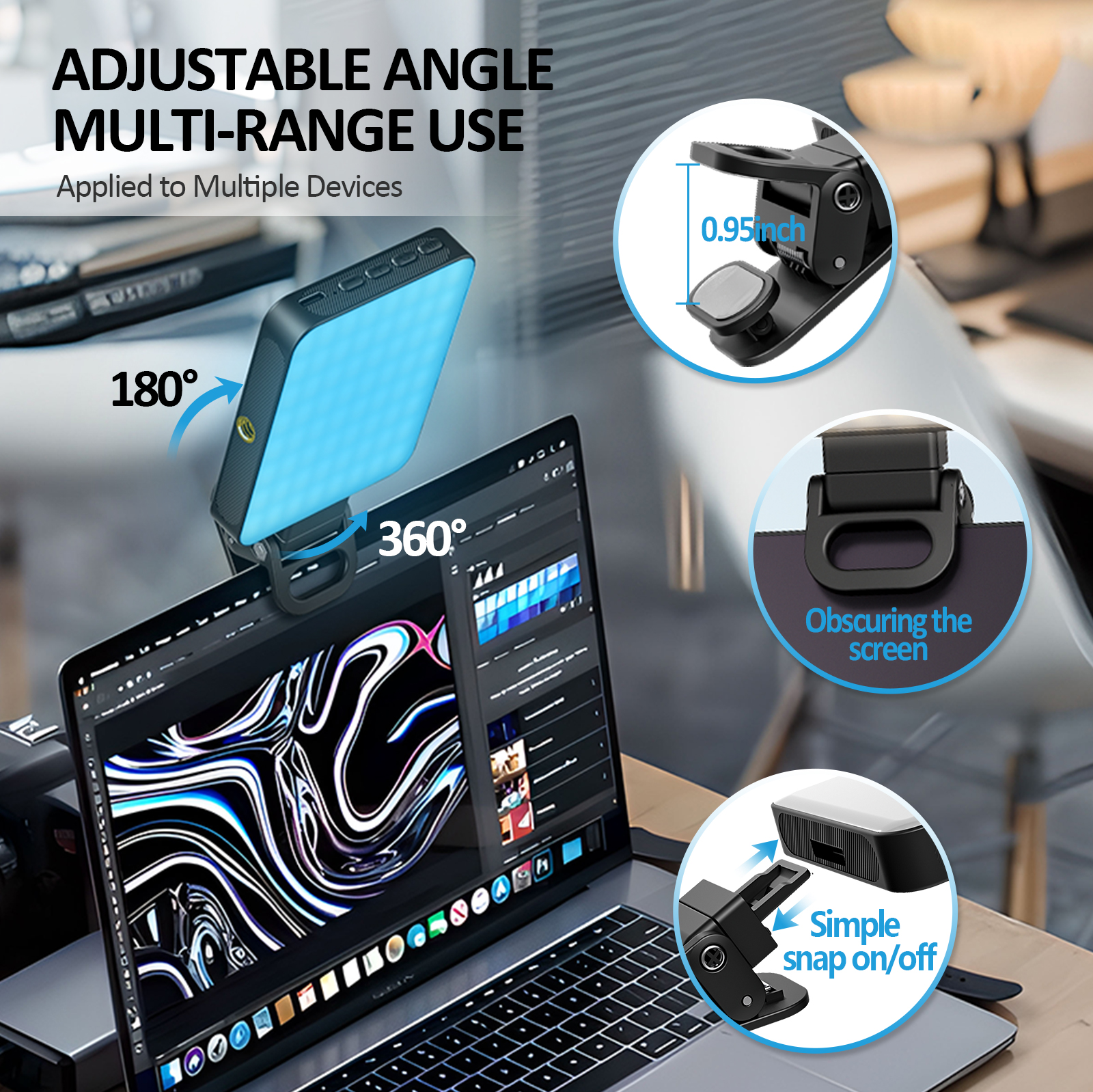 Laptop mit befestigter, verstellbarer Leuchte. Das Licht ist blau und kann sich um 180 und 360 Grad drehen.