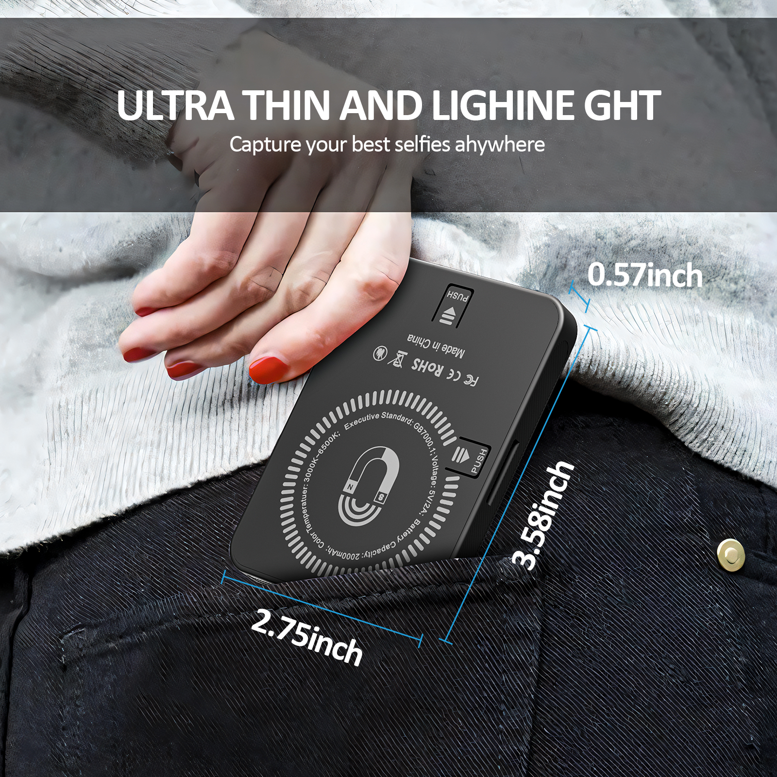 Ein schwarzes Gerät wird in einer Tasche gehalten. Abmessungen sind angegeben. Oben steht 'Ultra Thin and Light'.