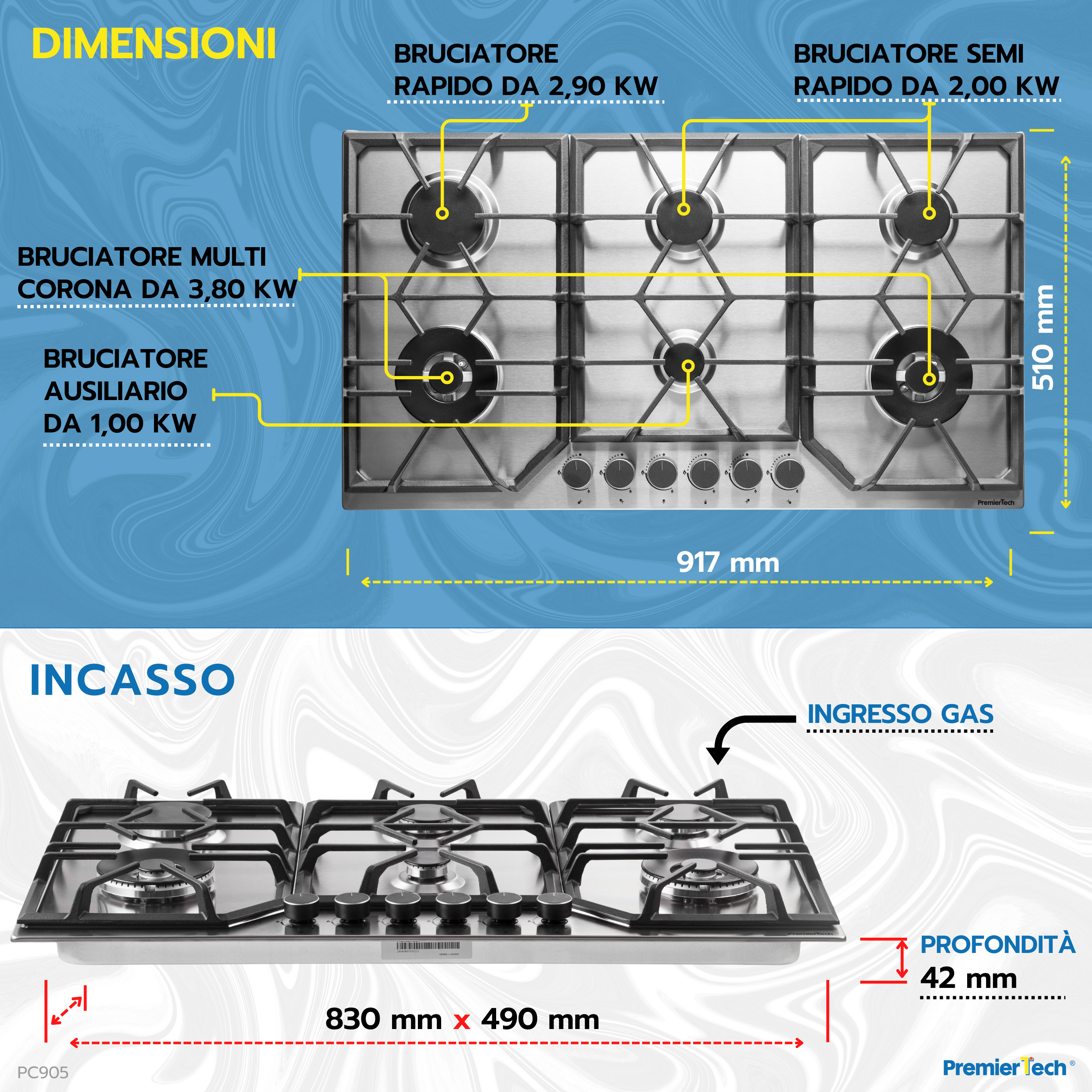 Un piano cottura a gas in acciaio inox con sei fuochi e dimensioni indicate. Testo in italiano.
