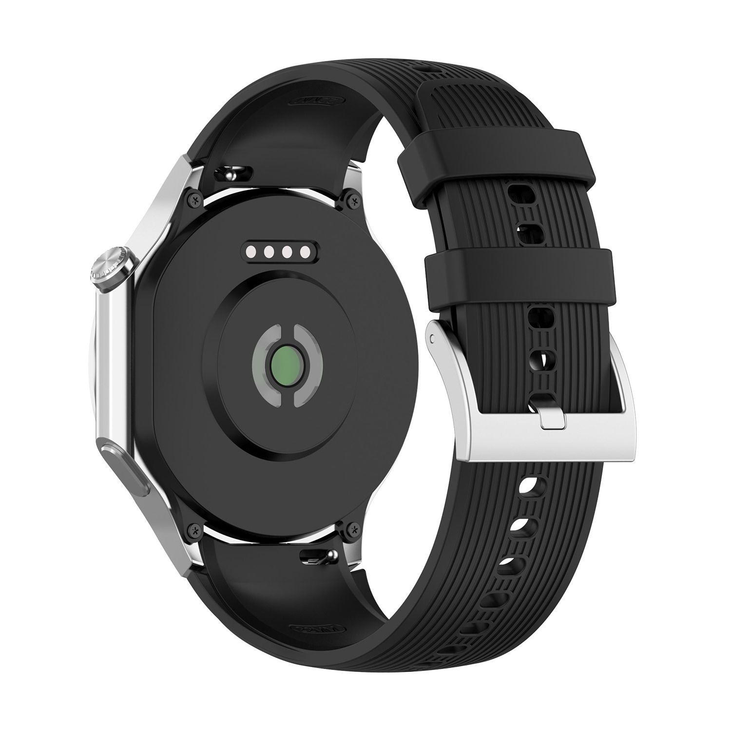 Uno smartwatch nero con lunetta argentata e cinturino nero. L'orologio ha un sensore di frequenza cardiaca e tre piccoli punti.