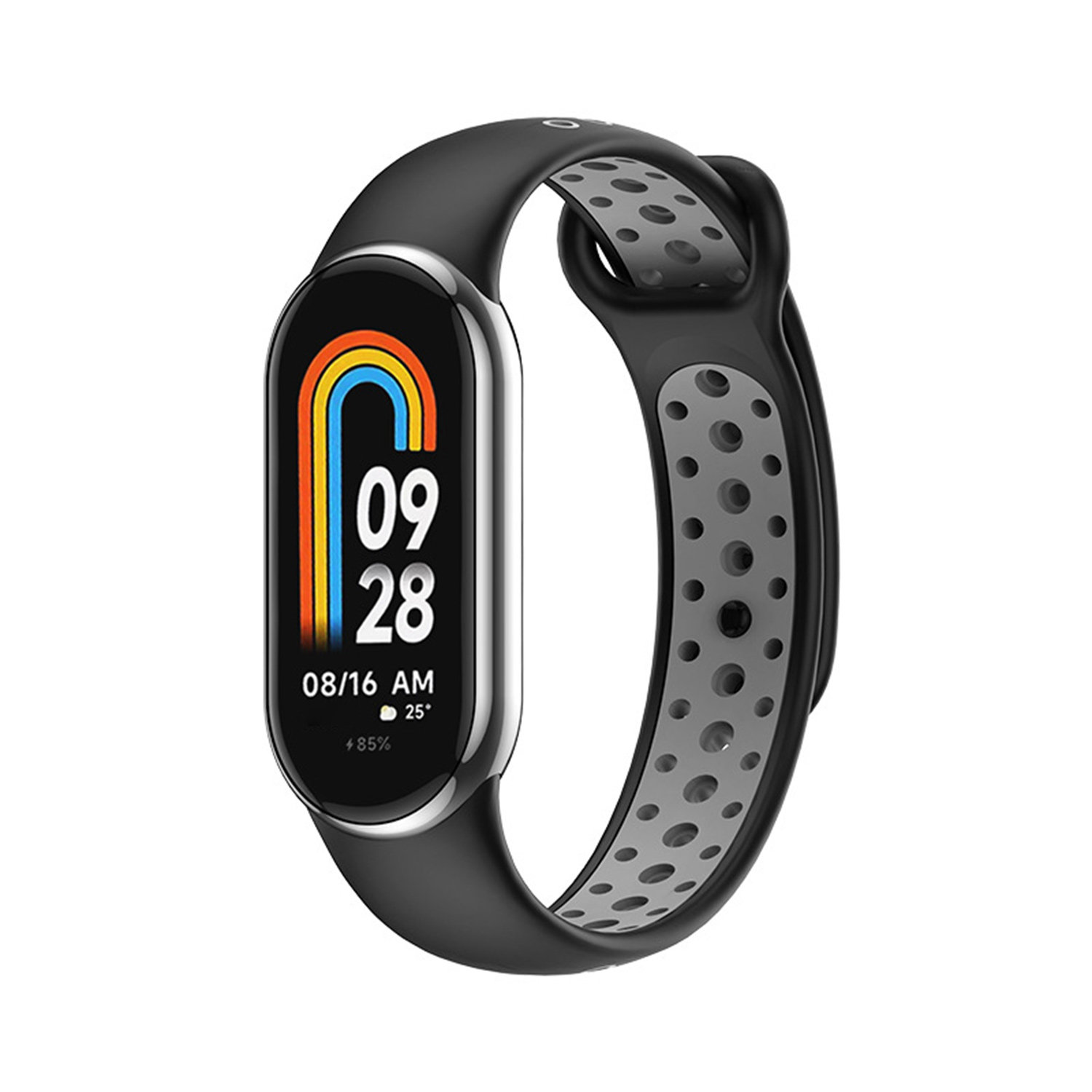 Eine schwarze Smartwatch mit farbigem Display, das Datum, Uhrzeit und Akkustand anzeigt. Das Armband ist schwarz und grau.